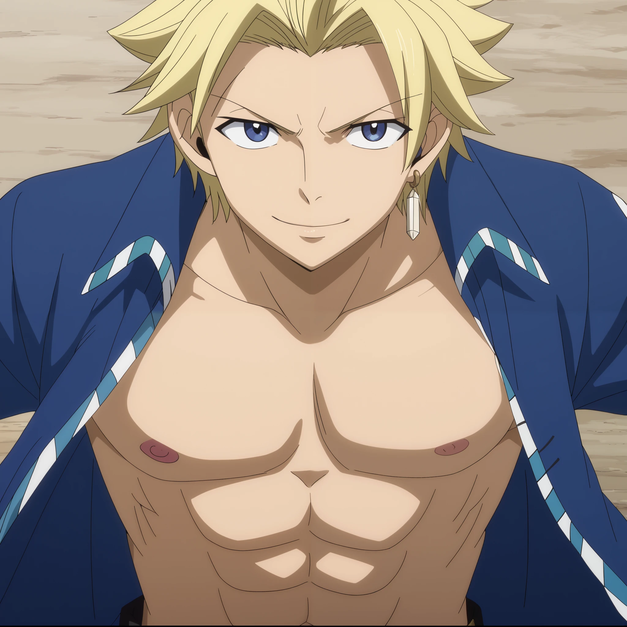 close-up, looking at viewer, score_9, score_8_up, score_7_up, source_anime, StingFT, Sting blonde hair, light yellow Sting, 1boy, male focus, anime screencap, a blue men's jacket with black details, which fits his athletic figure. Underneath, he wears a black long sleeved T-shirt. His pants are dark and tight fitting, and he completes the look with white fingerless gloves that add a modern touch. He also usually wears a belt with a decorative buckle. Official style, smile, happy, closed mouth, fighting with a sword