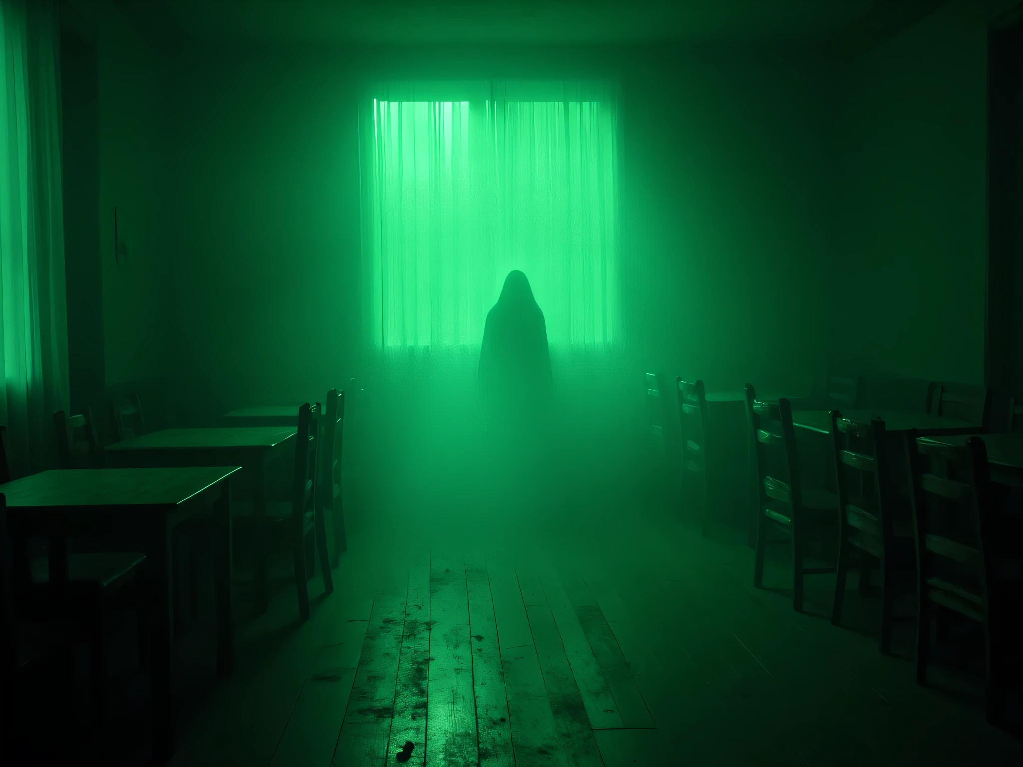 Mysterious Green-Tinted Horror Scene: In a dimly lit room, green light filters through half-drawn curtains, casting eerie shadows across aged wooden floors. Several tables and chairs are neatly arranged, yet untouched, evoking a sense of abandonment. A thin veil of mist hangs in the air, heightening the unsettling atmosphere. The static shot, framed by the window, captures the full breadth of this chilling, empty space, inviting the viewer to ponder the room\'s disturbing secrets.
