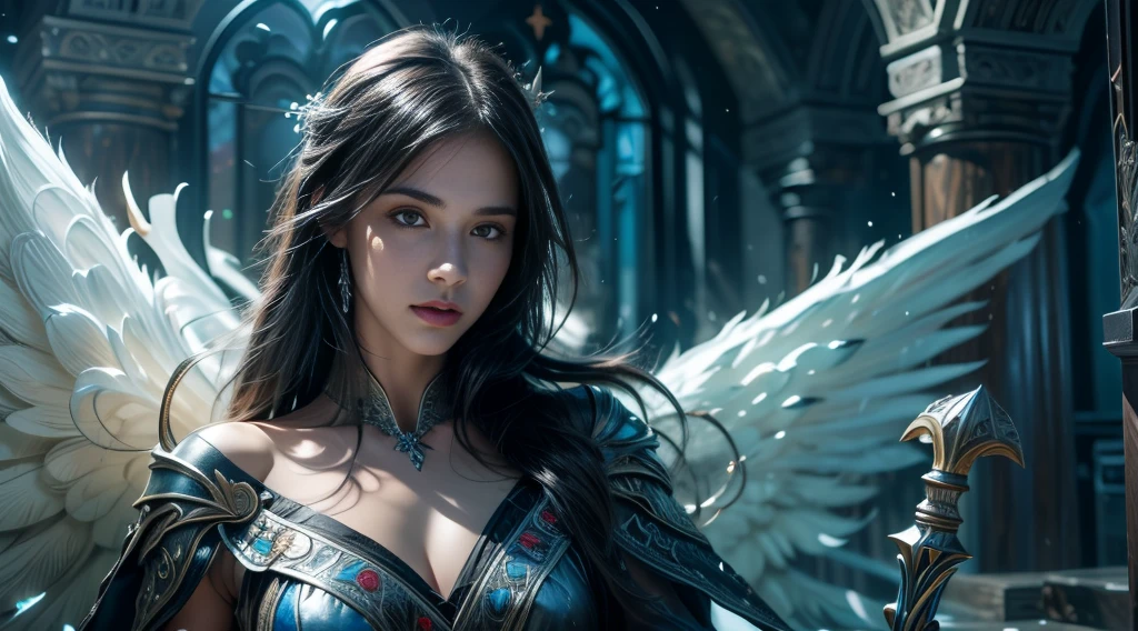 masterpiece, rest, best quality, Very detailed, Super real, 16K, high resolution, castle,snow, ((Starry Sky)),Female Mage,Gorgeous robe,Complex Mode,Pretty Face,Closed mouth,dramatic,Upper Body,Glowing scepter,Black Wings,Large Breasts