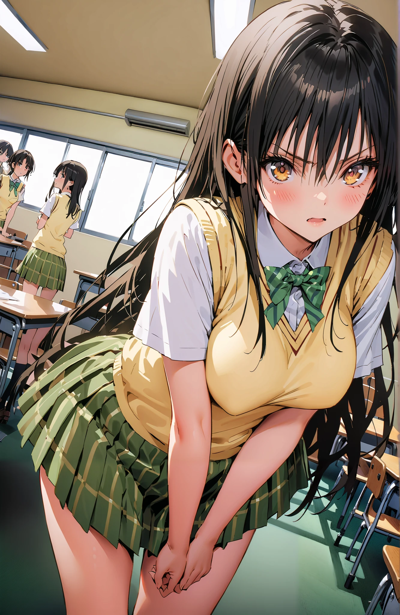 Yuikotegawa, Yui Kotegawa , Alone,black hair, brown eyes, long hair,Big Breasts,
green skirt, thigh plaid, thigh plaid skirt, sainan high school uniform, school uniform, skirt, sweater vest, yellow sweater, Short sleeve, black high socks,standing,skirtタグ , eyelashes skirt tug,skirt,Lift of the Wind ,angry,embarrassing,blushes,open their mouths, machine,chairs, blackboard ,angle from below,full bodyがイラストに入るように,break indoors, classroom,
break looking at viewer,full body,
break (masterpiece:1.2),top quality , kampala, Unity 8K Wallpaper ,(shape:0.8),( fine, beautiful eyes :1.6),It's a person ,full body写真,CG Details , (perfect hands,complete anatomy),