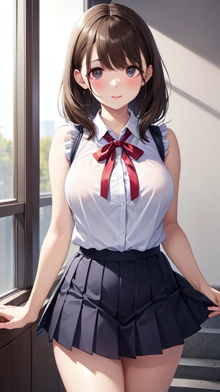(masterpiece, best quality, ultra detailed), ((blush all over face)), (detailed background: 1.2), (perfect face, detailed face), looking at viewer, (mature woman: 1.4), thick thighs, 1girl, alone, clorinde, long hair, big breasts, short blouse, hair between eyes, short skirt, miniskirt, thigh strap, white blouse (bedroom, standing, arms behind her back , leaning forward),