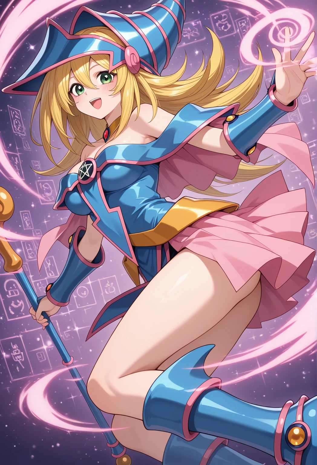 ultra-detailed, extremely detailed, masterpiece, highest quality, best quality, absurdres, highres, dark magician girl, (1girl:1.2), solo, detailed face, dynamic pose, hair flow, (full body:1.1), blonde hair, long hair, looking at viewer, green eyes, skindentation, detailed skin, skin pores, (shiny skin, glossy skin:1.1), rosy skin details, breasts, nail polish, skirt, blue footwear, blue headwear, wizard hat, wand, holding hat, (blue panties:0.9), (summoning circle:1.1), hexagram, pentacle, pentagram, yu-gi-oh!, duel monster, purple magic field, glow, detailed background, intricate background,