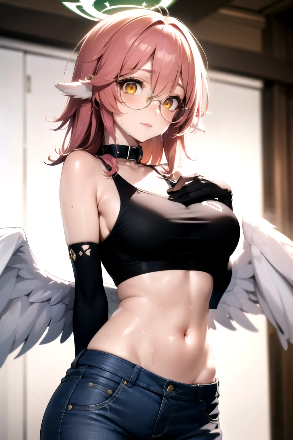 jibril, BREAK jibril, angel, angel wings, collar, animal ears, bird ears, compass rose halo, feathered wings, feathers, gradient hair, halo, long hair, low wings, multicolored hair, pink hair, symbol-shaped pupils, big breast, white wings, wing ears, wings, (yellow eyes:1.5), seductive look, seductive smile, Shiny skin, clothing. Big breast. Sexy, hot, attractive, alluring, narrow eyes.
BREAK zoomed in, cropped face, (elbow gloves, black crop top, midriff, tank top, round glasses:1.3), (jeans, denim pants:1.1), (open pants:1.4), (her pants are slightly down:1.3). long sleeves, hot, (sweat, oily body, oiled up, baby oil:1.7), (wet:1.2). (Tattoos:1.1), voluptuous, curvy. Armpit.
BREAK (masterpiece:1.2), best quality, high resolution, unity 8k wallpaper, (illustration:0.8), (beautiful detailed eyes:1.6), extremely detailed face, perfect lighting, extremely detailed CG, (perfect hands, perfect anatomy), narrow eyes.