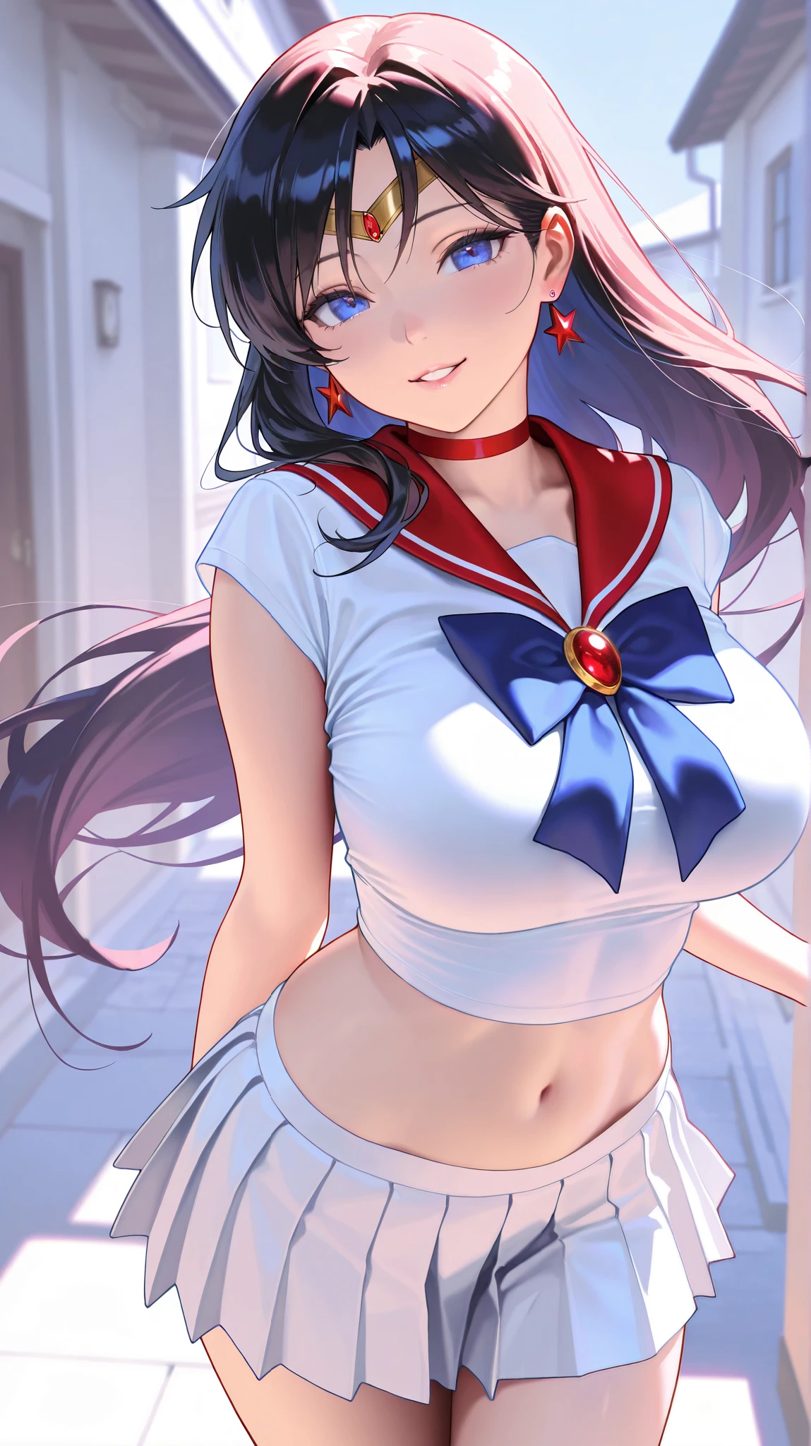 (highest quality, masterpiece:), ultra-high resolution, shoot from behind, looking back, night, in the pool bar, Korean photo model, young and beautiful gravure idol, 23 years old, tight, wearing a Sailor Moon Outfit, mini skirt, white panties, high leg, gigantic breasts, puffy nipple:1.4, skinny, bangs, long hair, light brown hair, forehead, unkempt hair, gorgeous earrings, beauty, victory smile, mature woman, please face forward and look at the camera,