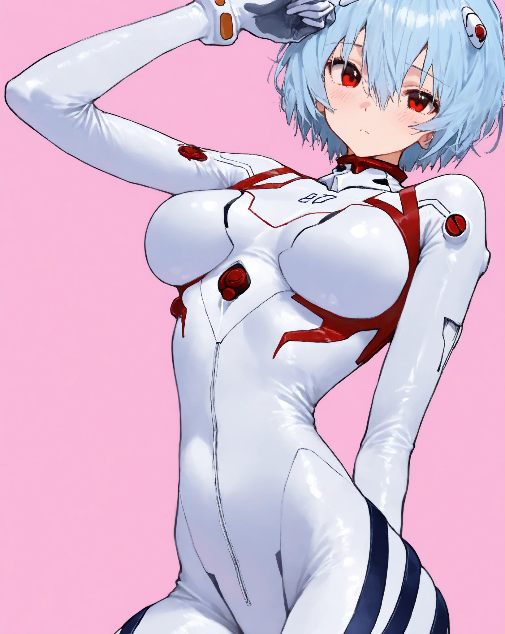 masterpiece portrait of smiling Rei Ayanami \(evangelion\), evangelion \(Hideaki\), caustics, textile shading, high resolution illustration, red eyes, feminine, no pupils, blue hair,  short hair, plugsuit, medium sized breasts, fullbody