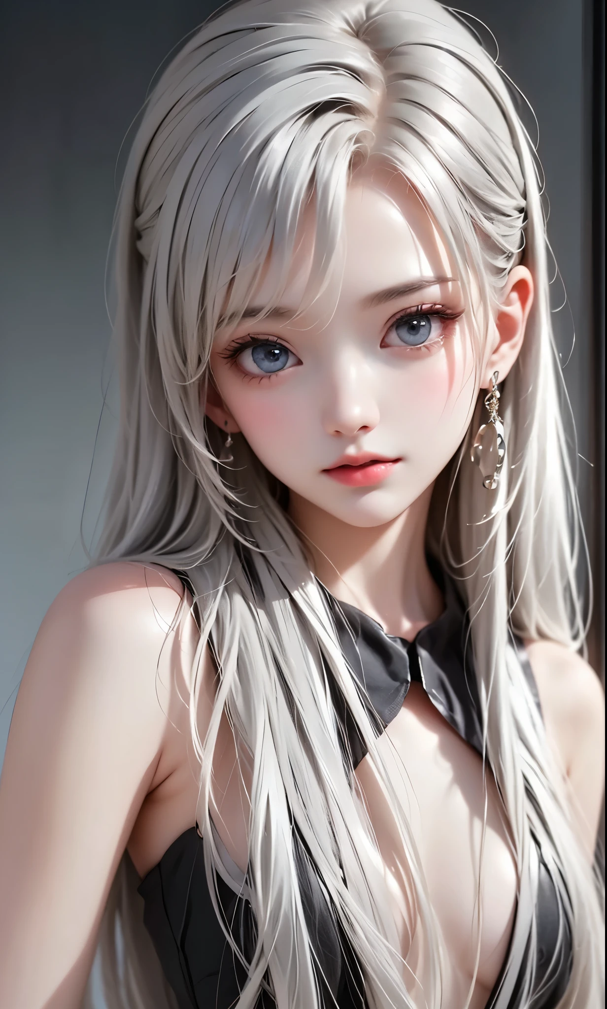 black and white color scheme， sexy girl ，immature ， small,Silvery Curly Hair、portrait、
