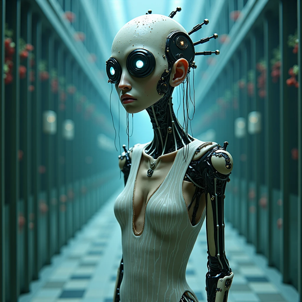 in the style of vray tracing, high quality, photo realistic techniques, in the style of dark yellow and dark aquamarine, movie still, bridget riley, dark green and silver, in the style of strip painting, surreal robotics, horror manga, concept art inspired by shingei, trending on artstation, sots art, scary atmosphere, evil, 8 k, very colors, cushart krenz key art, 3d minimalistic art, by maxim verehin, colourful movie art, northern renaissance style, wallpaper, random detail, 4k very detailed, <lora:sdxl_lightning_8step_lora.safetensors:0.7>
