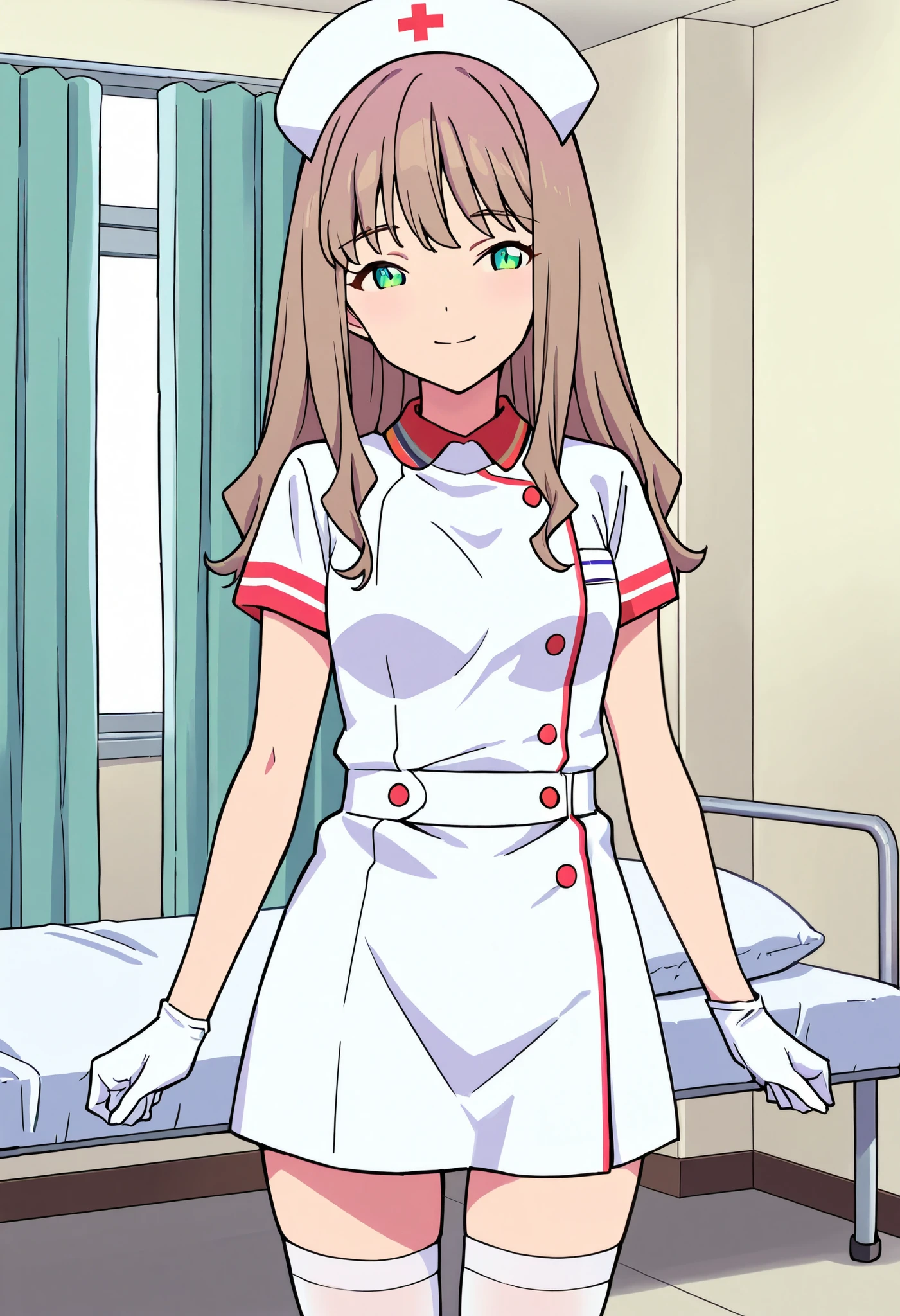 Score_9, score_8_up, score_7_up, source_anime, 1girl, yume minami_1, brown hair, long hair, green eyes, small breasts, (best quality), (high quality), {masterpiece}, extremely delicate and beautiful, ultra-detailed, beautiful detailed eyes, nurse, nurse hat, ((white nurse's outfit)), white gloves, white thighhighs, hospital room, smile, closed mouth, standing