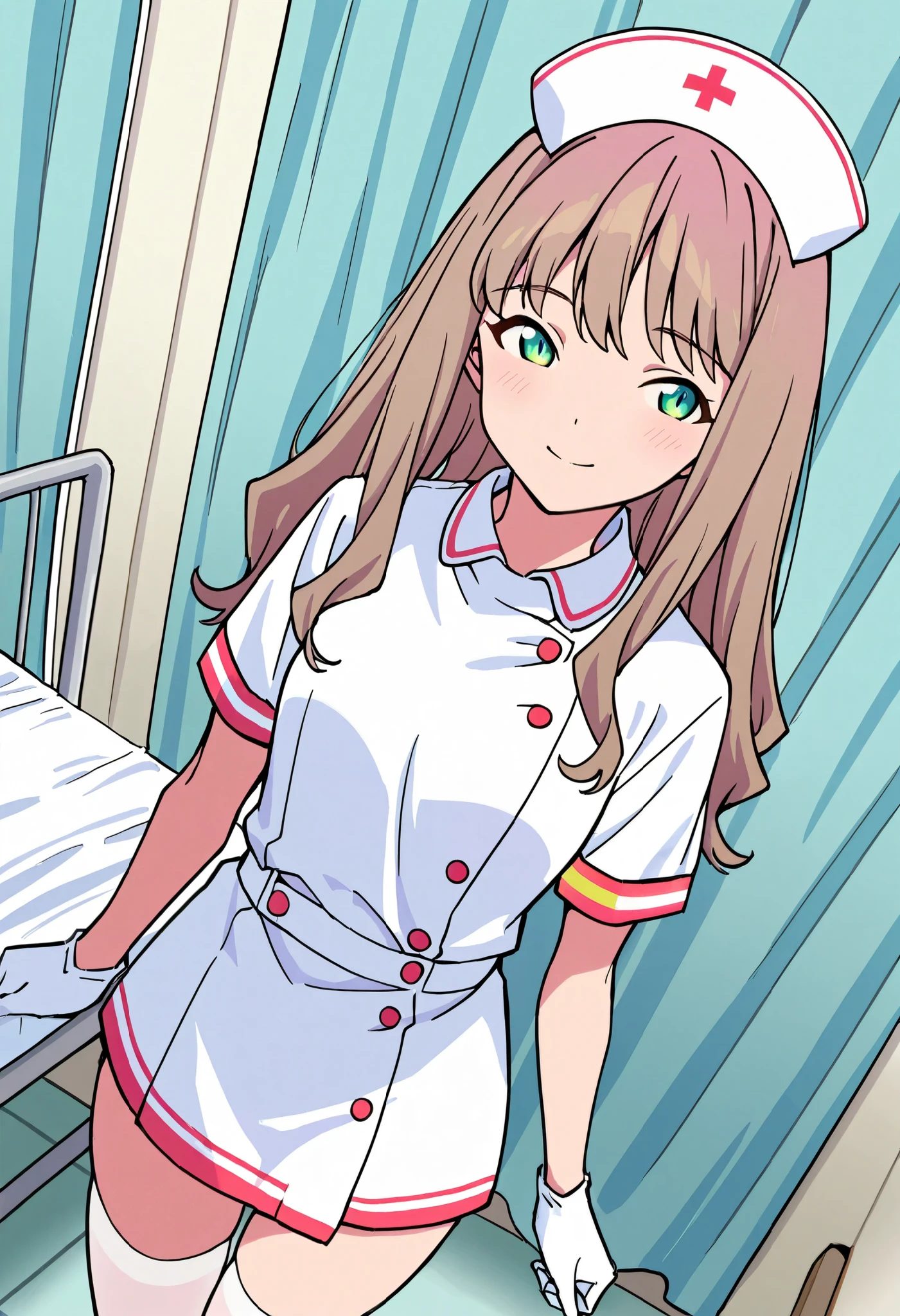 Score_9, score_8_up, score_7_up, source_anime, 1girl, yume minami_1, brown hair, long hair, green eyes, small breasts, (best quality), (high quality), {masterpiece}, extremely delicate and beautiful, ultra-detailed, beautiful detailed eyes, nurse, nurse hat, ((white nurse's outfit)), white gloves, white thighhighs, hospital room, smile, closed mouth, standing