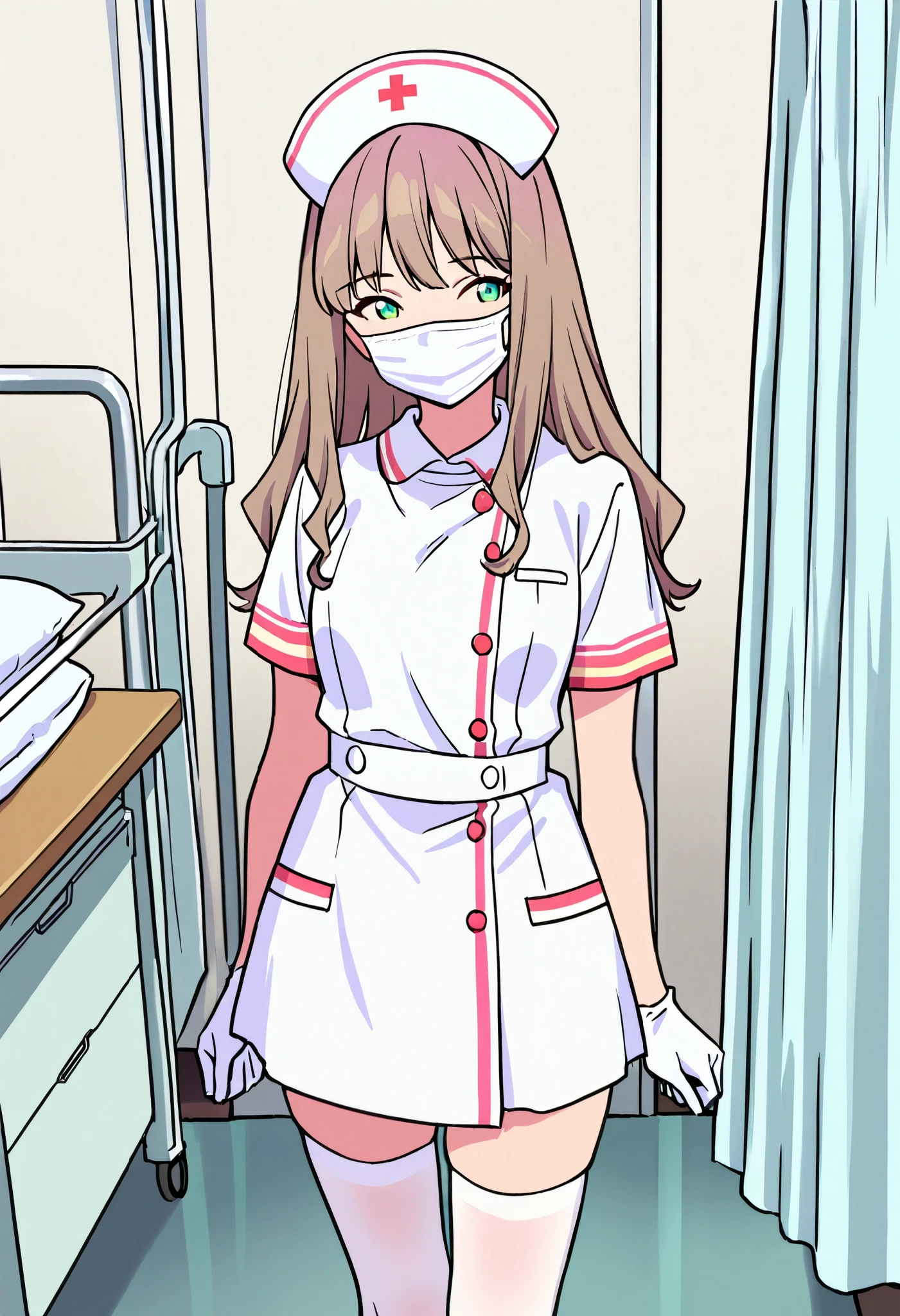 Score_9, score_8_up, score_7_up, source_anime, 1girl, yume minami_1, brown hair, long hair, green eyes, small breasts, (best quality), (high quality), {masterpiece}, extremely delicate and beautiful, ultra-detailed, beautiful detailed eyes, nurse, nurse hat, ((white nurse's outfit)), white gloves, white thighhighs, hospital room, ((white mask, mouth mask, covered nose)), standing