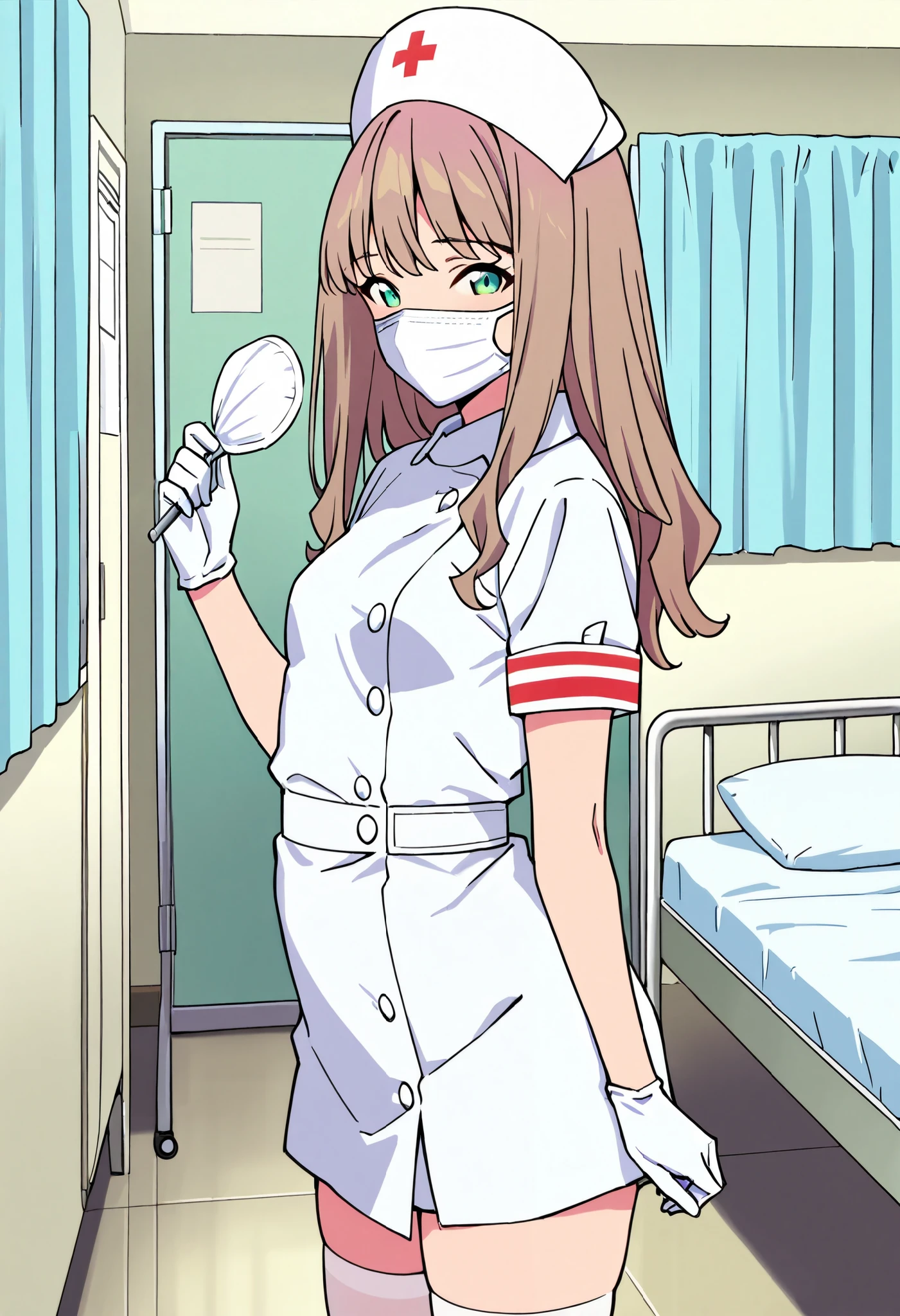 Score_9, score_8_up, score_7_up, source_anime, 1girl, yume minami_1, brown hair, long hair, green eyes, small breasts, (best quality), (high quality), {masterpiece}, extremely delicate and beautiful, ultra-detailed, beautiful detailed eyes, nurse, nurse hat, ((white nurse's outfit)), white gloves, white thighhighs, hospital room, ((white mask, mouth mask, covered nose)), standing