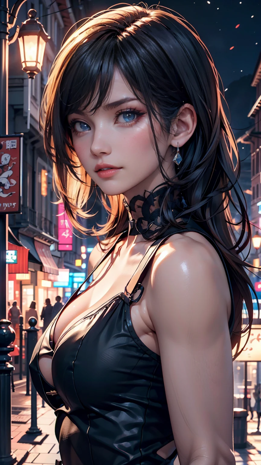 (upper body, beautiful dress, no cars), (best quality, masterpiece, high quality, 1girl, solo, (upper body, beautiful dress), illustration, beautiful detailed girl, beautiful detailed glow, beautiful detailed eyes, highres, detailed, high resolution illustraion, ultra-detailed, detailed background, beautiful detailed face), ((background: Generate a 3D banner image showcasing a futuristic cityscape at sunset. Incorporate realistic textures and lighting effects to emphasize the depth and realism of the scene. Highlight tall skyscrapers, neon lights, and flying vehicles, creating a sense of awe and wonder.))