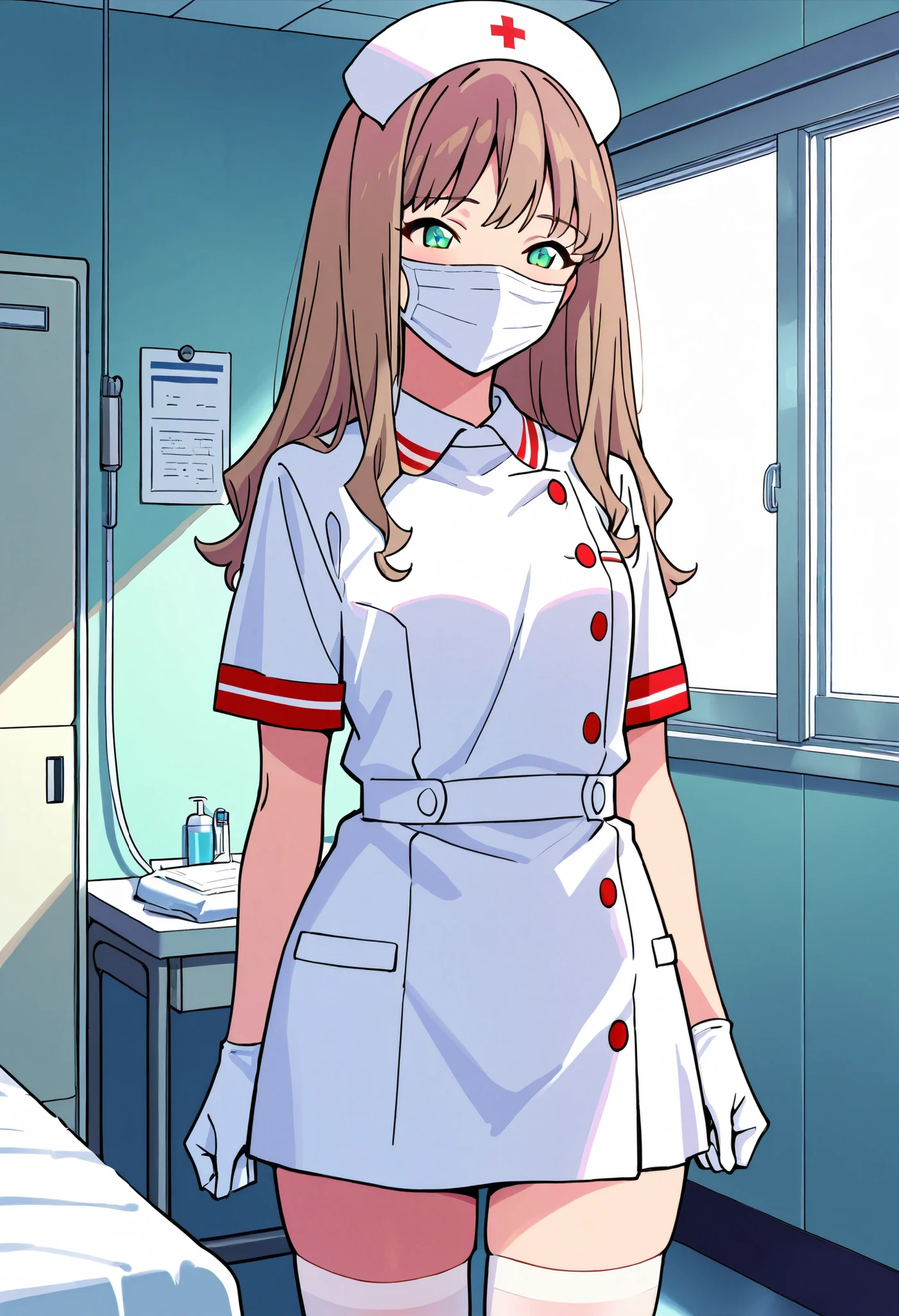 Score_9, score_8_up, score_7_up, source_anime, 1girl, yume minami_1, brown hair, long hair, green eyes, small breasts, (best quality), (high quality), {masterpiece}, extremely delicate and beautiful, ultra-detailed, beautiful detailed eyes, nurse, nurse hat, ((white nurse's outfit)), white gloves, white thighhighs, hospital room, ((white mask, mouth mask, covered nose)), standing