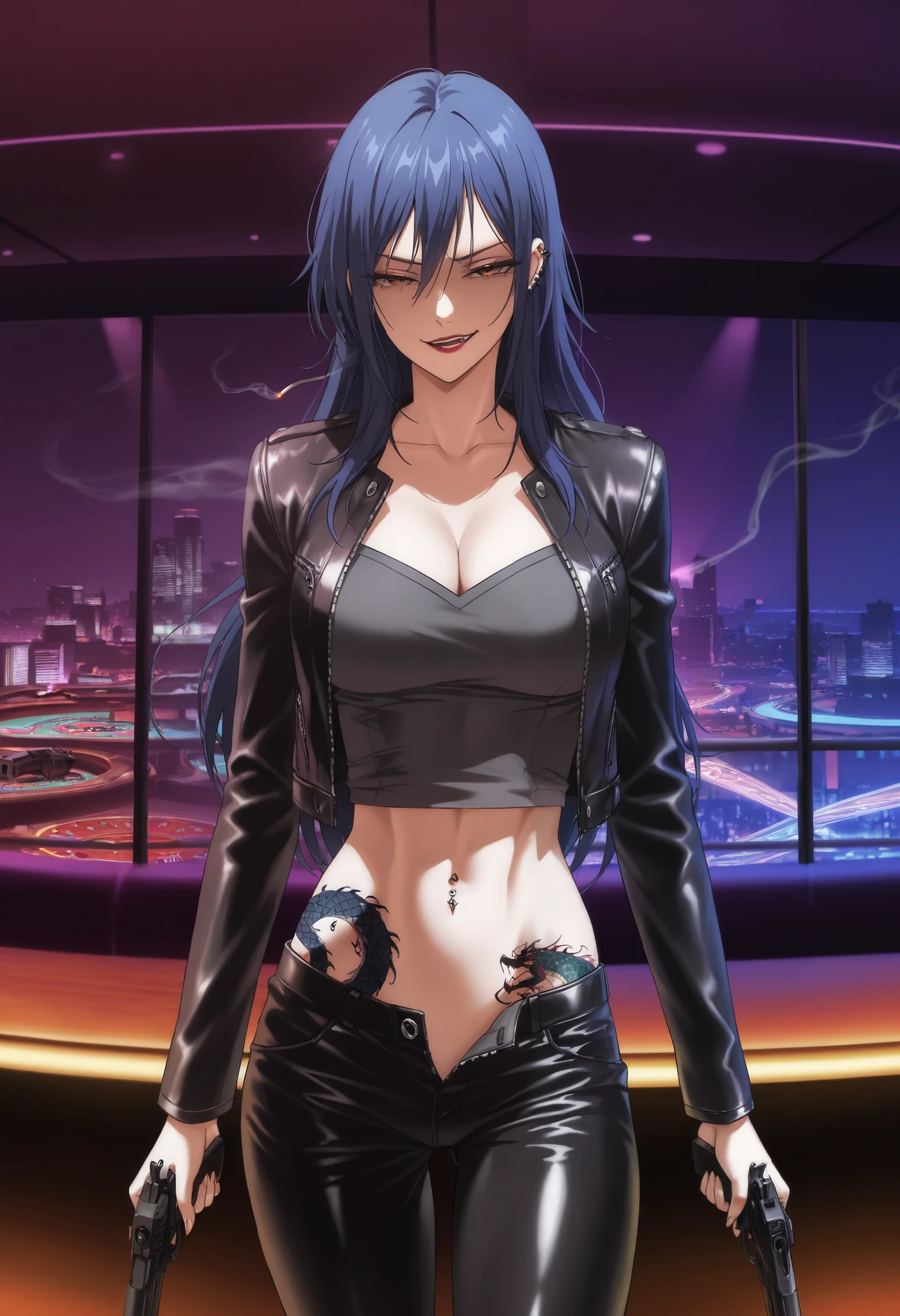 ik0m4yu1, blue hair, brown eyes,
1girl, solo, , smirk, masterpiece, best quality, ear piercing, long hair, , lipstick,Hot girl, baddie, smoking, sensual, attractive ,bar background, inside bar,indoors, cityscape, casino, nightclub, city lights, cinematic lighting, masterpiece, best quality, highly detailed, a girls with a gun, evil smile , open mouth, sexy gaze, badass
pose , evil smile, smile, (nsfw) not safe for work, guns blazing, anime girl with long hair, beautiful long
haired girl, navel, evil expression, exposed belly, exposed navel, exposed midriff, exposed lower belly,
long black pants, , cleavage, unbuttoned leather pants ,open fly, low rise black leather pants,
leather jacket, holding a gun, holding pistol, unbuttoned shirt, shirt, knot, navel piercing, dual wielding, dragon tattoo, narrowed eyes, tattoo midriff, looking at wiewer,