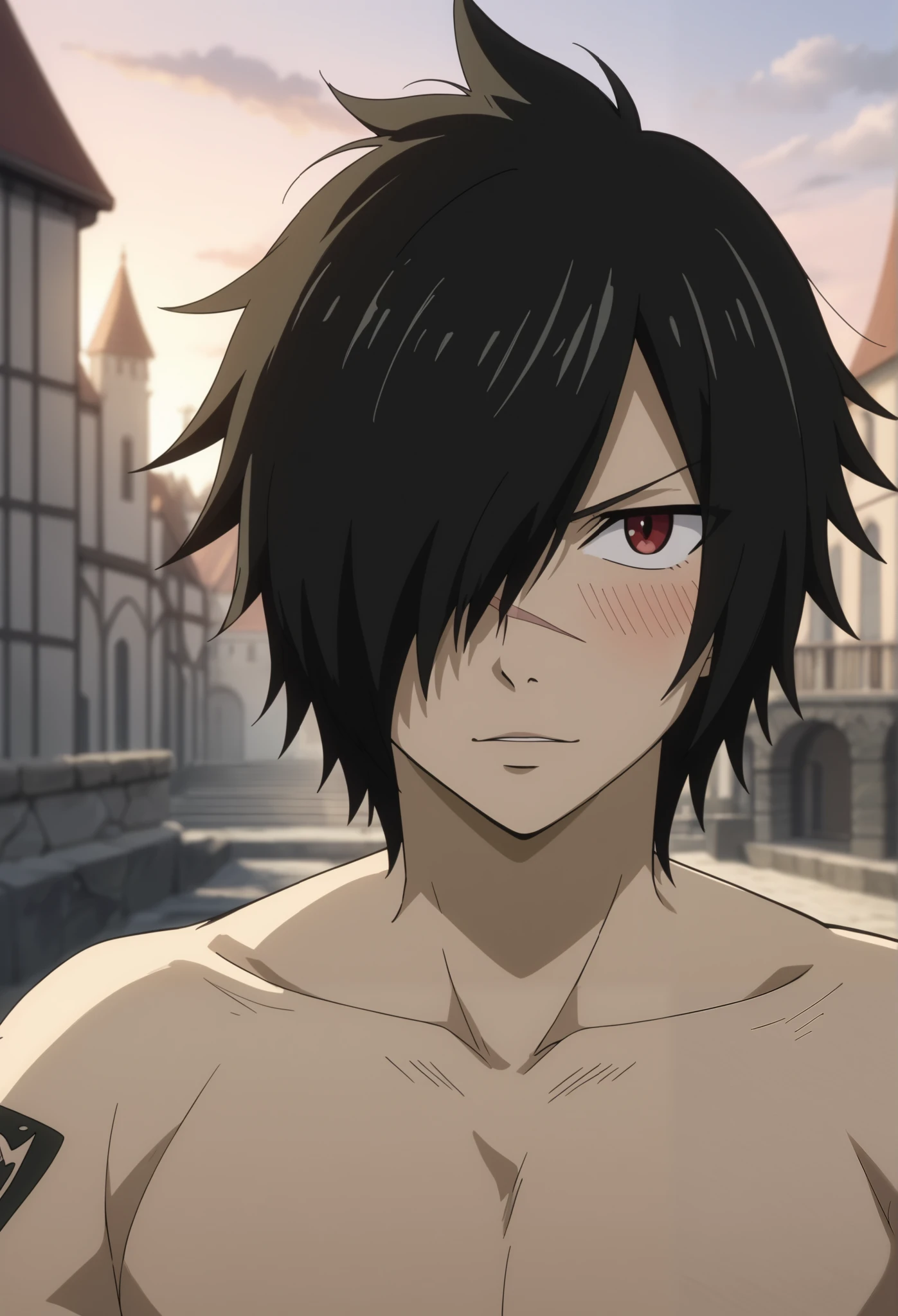 score_9, score_8_up, score_7_up, source_anime, rating_safe, rogue_cheney, black hair, red eyes, hair over one eye, scar, tattoo, close-up, happy,, 1boy, male focus, anime screencap, best quality, official style, depth of field, looking at viewer, sky background with soft shadows, soft blue lighting highlighting his features, high-quality anime details, vivid colors, official style, Expressiveh, best quality, amazing quality, very aesthetic, high resolution, ultra-detailed, absurdres, newest, volumetric lighting, masterpiece, scenery, depth of field, BREAK, outdoors, Magnolia background, BREAK, male, solo, male focus, BREAK, standing, looking at viewer, thighs, BREAK ((blush, fully nude, with vagina, has vagina, vulva))
