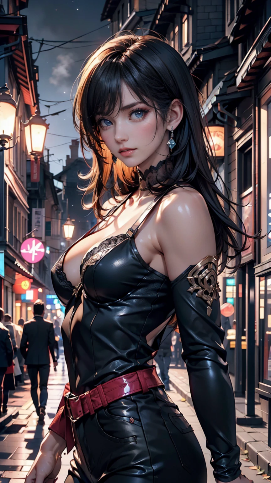 (masterpiece), (top-quality), (victorian steampunk theme,victorian steampunk style),extremely detailed, best quality, ultra-realistic,high-resolution, dynamic angle, dynamic pose, (1girl), Adriana Lima as a Stunningly beautiful steampunk courtesan, glass goggles, leather gloves, brass buttons, waistcoat, corset, top hat, mechanical arm, brass watch, intricate clockwork, cogwheels, steam-powered engine, vintage machinery, dirty and worn, sepia tone., ,(realistic:1.5), dark_brown hair, tanned, tattoos, (cleavage:1.2), sexy, sensual, hazel eyes, smiling, sexy pose, athletic, looking at viewer, eye contact, detailed steampunk metropolis in background, night time, neon lights, evening, dynamic pose, action pose, alluring, seductive_pose, natural lights, cleavage, athletic body, medium breasts, upper body, mid shot, masterpiece, detailed, mature, bright colors, high saturation, stunningly beautiful girl, precise hands, determined expression, serious, courageous, brave, Clear eyes, Shining eyes,, ultra-definition, Top resolution, soft lightning
