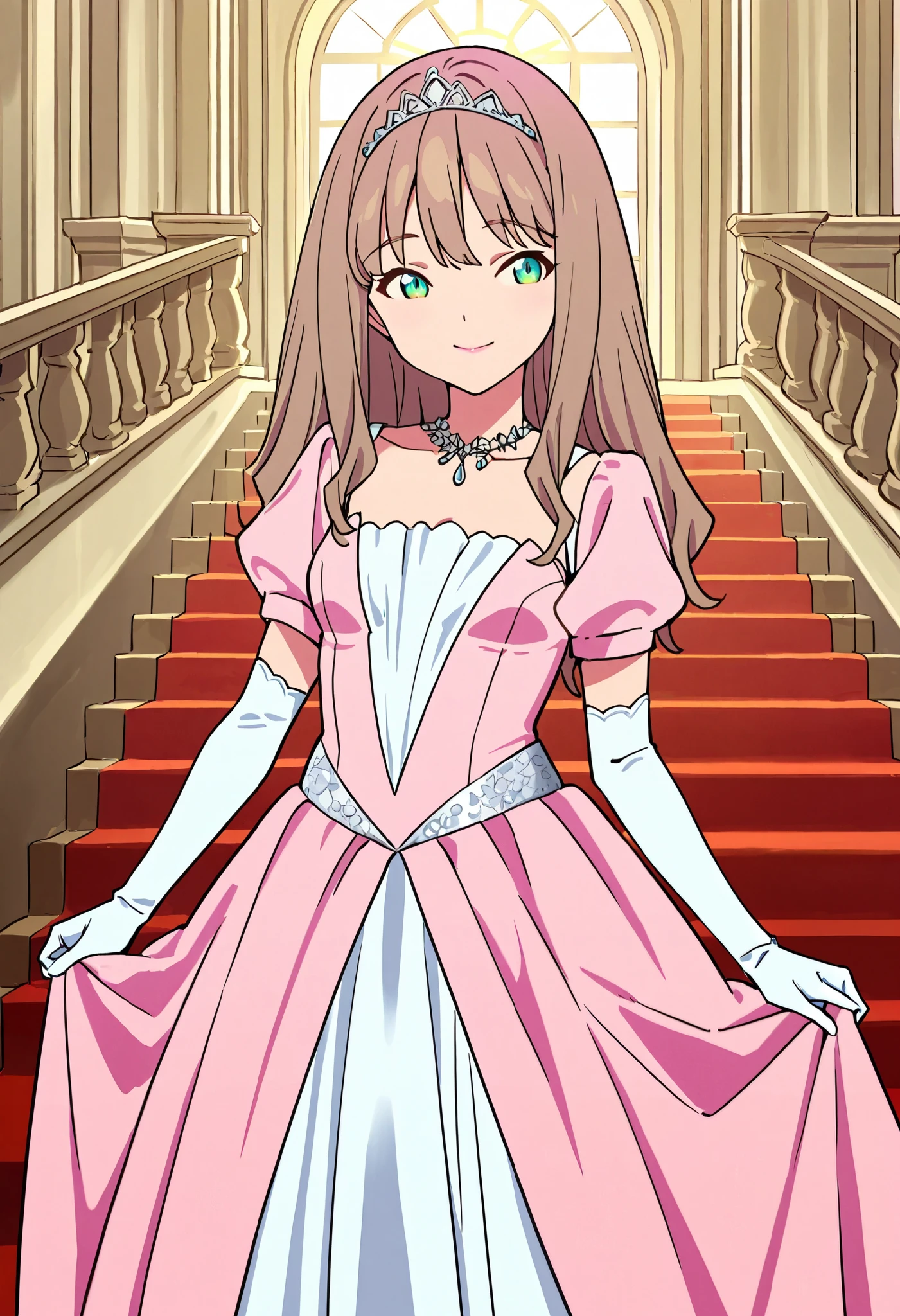 Score_9, score_8_up, score_7_up, source_anime, 1girl, yume minami_1, brown hair, long hair, green eyes, small breasts, (best quality), (high quality), {masterpiece}, extremely delicate and beautiful, ultra-detailed, beautiful detailed eyes, princess, pink dress, puffy sleeves, short sleeves, white elbow gloves, silver tiara, jewelry, in the palace, pink lips, smile, closed mouth, standing