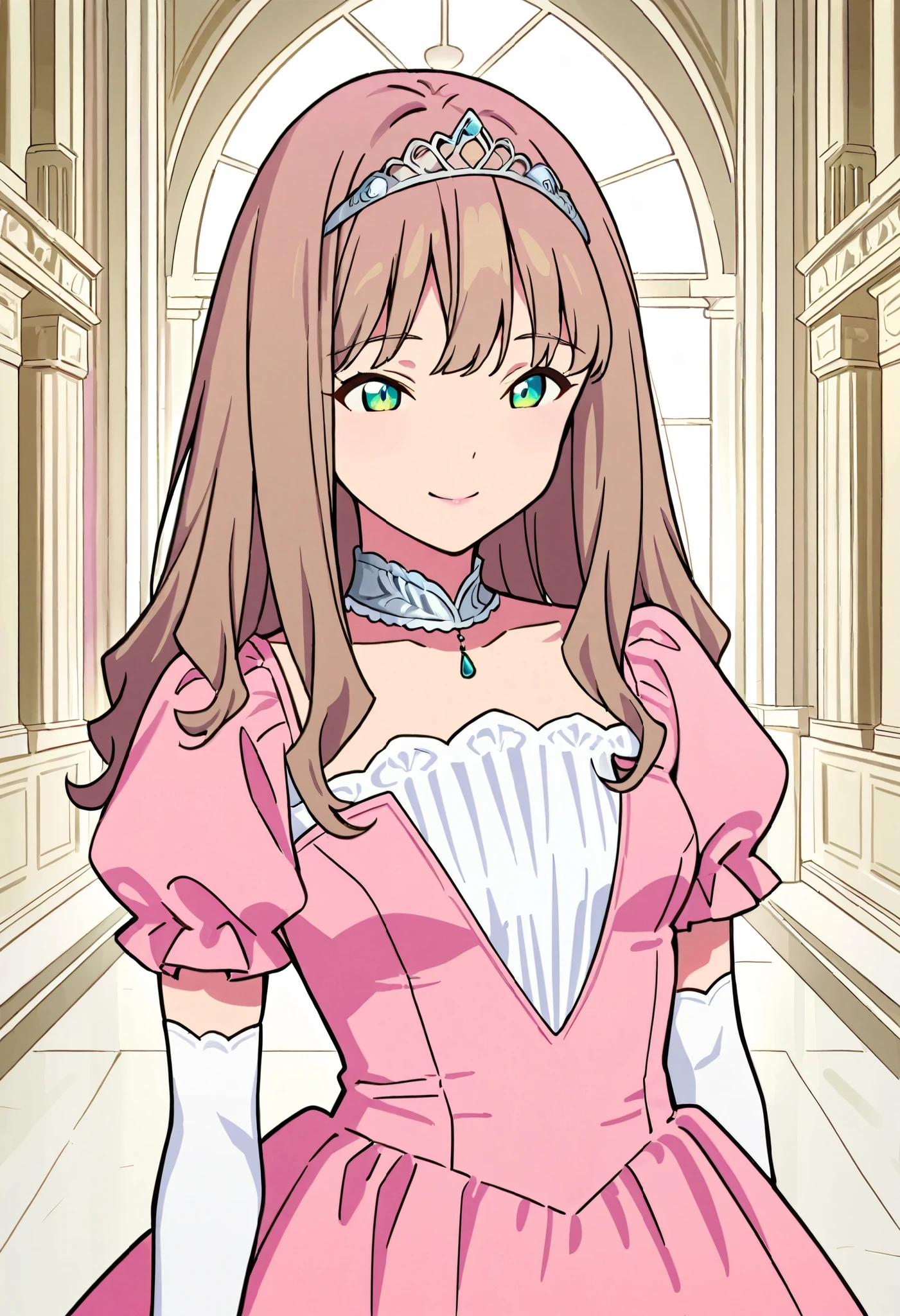 Score_9, score_8_up, score_7_up, source_anime, 1girl, yume minami_1, brown hair, long hair, green eyes, small breasts, (best quality), (high quality), {masterpiece}, extremely delicate and beautiful, ultra-detailed, beautiful detailed eyes, princess, pink dress, puffy sleeves, short sleeves, white elbow gloves, silver tiara, jewelry, in the palace, pink lips, smile, closed mouth, standing