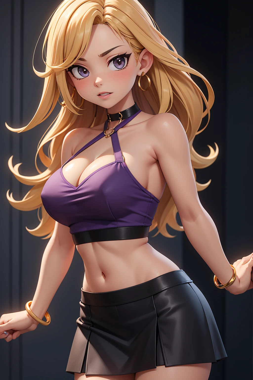 Caucasian woman, olive green eyes, lined eyes, focus on eyes, highlights eyes, blonde hair, wavy hair, long hair, hair in ponytail, red lipstick, gold earrings, athletic body, small breasts, nipples, purple miniskirt, purple blouse, wrist watch, bracelets, nails red, university courtyard, walking, many people, Side shot.