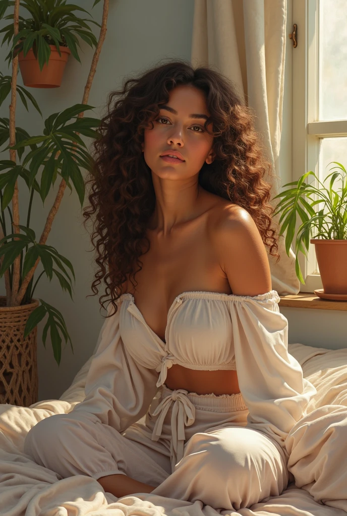  beautiful woman, with no closes, itting on bed, long curly hair, indoors, soft lighting, plants in background, window with sunlight, cozy room, relaxed pose, realistic, intricate details, warm colors, by Greg Rutkowski, by Alphonse Mucha