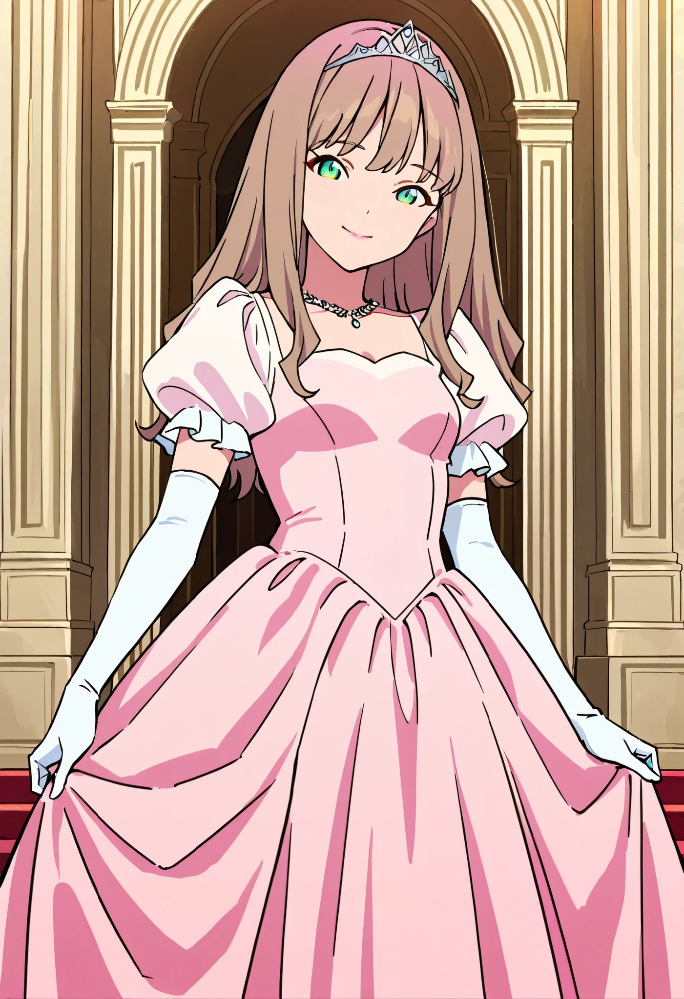 Score_9, score_8_up, score_7_up, source_anime, 1girl, yume minami_1, brown hair, long hair, green eyes, small breasts, (best quality), (high quality), {masterpiece}, extremely delicate and beautiful, ultra-detailed, beautiful detailed eyes, princess, pink dress, puffy sleeves, short sleeves, white elbow gloves, silver tiara, jewelry, in the palace, pink lips, smile, closed mouth, standing