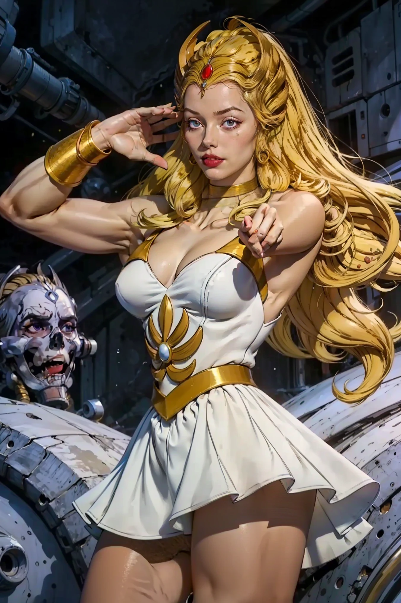 raw photo of a stunning girl, blonde, long flowing blonde hair, white dress, choker, she_ra, Dynamic pose, smug smile, (muscular body:1.3), (feminine hands:1.3), narrow waist, thighs, wide hips, half eye close, eyeliner, eyelashes, perfect face, detailed eyes, facial lighting, gorgeous, looking at viewer (masterpiece, high quality:1.2), flexing biceps, sexy, standing in front of castle grayskull, (flexing bicep victory pose)