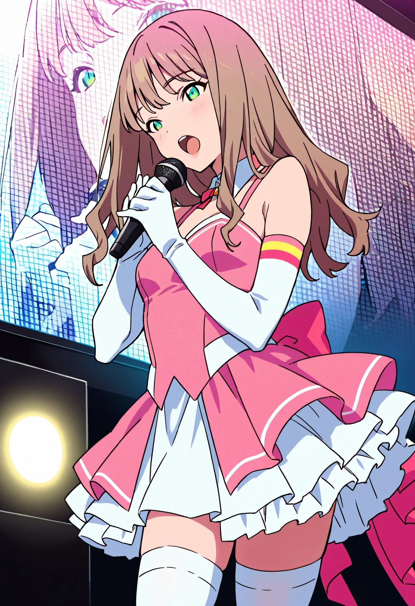 Score_9, score_8_up, score_7_up, source_anime, 1girl, yume minami_1, brown hair, long hair, green eyes, small breasts, (best quality), (high quality), {masterpiece}, extremely delicate and beautiful, ultra-detailed, beautiful detailed eyes, idol, idol costume, pink dress, white elbow gloves, white thighhighs, holding microphone, on stage, screen, multi colored light, dynamic pose, singing, pink lips, open mouth