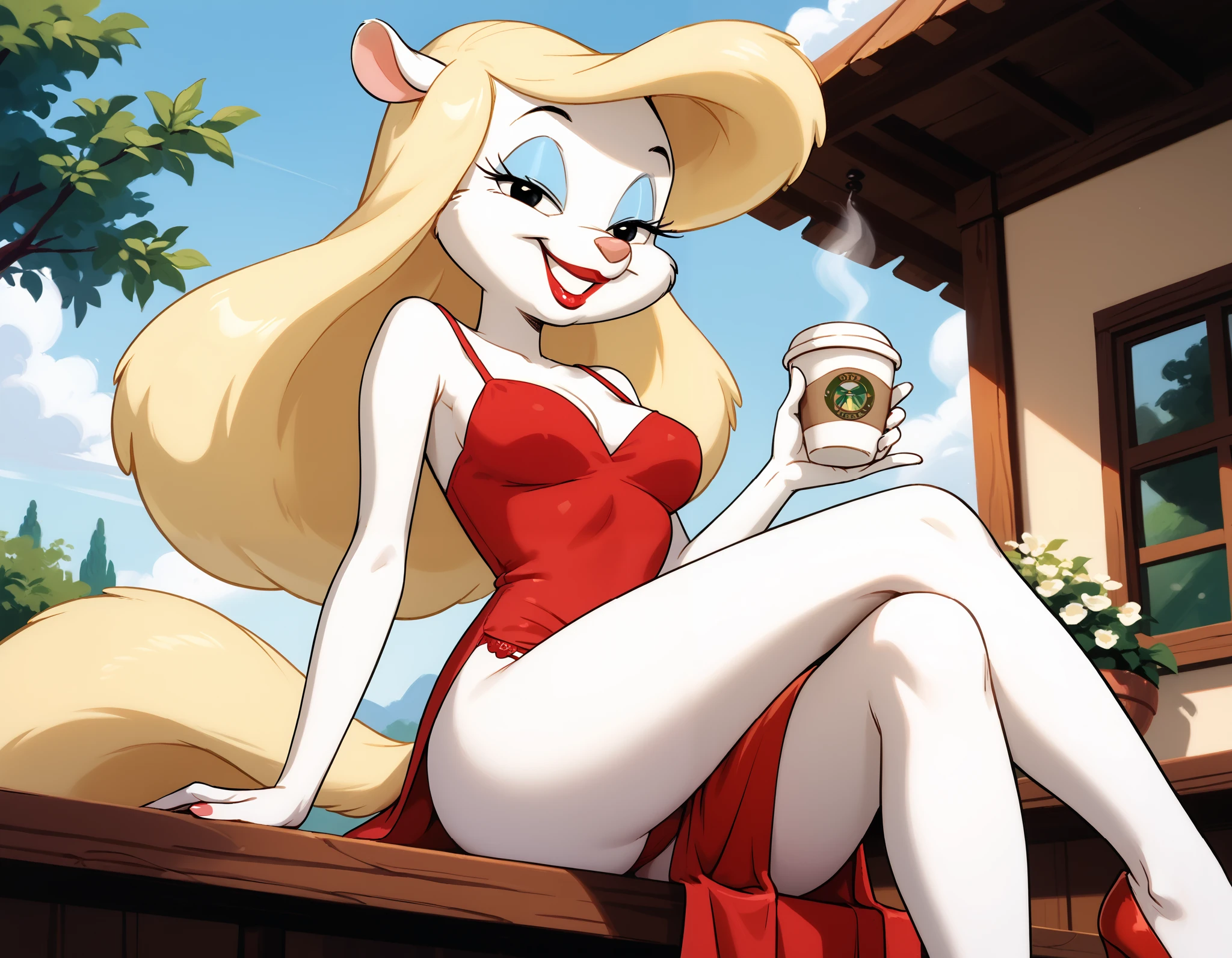 masterpiece,best quality, highly detailed, score_9, score_8_up, score_7_up, score_6_up,BREAK minerva mink, 1girl, white fur, blonde hair, viewed from below, fluffy blonde tail, solo, black eyes, looking at viewer, long hair, (red dress), legs slightly spread, (red panties), (panties showing), side slit, thigh, half closed eyes, makeup, lipstick, medium breasts, outdoors, cafe terrace, grin, happy, sitting, holding a cup of coffee, tiny toons adventure artstyle