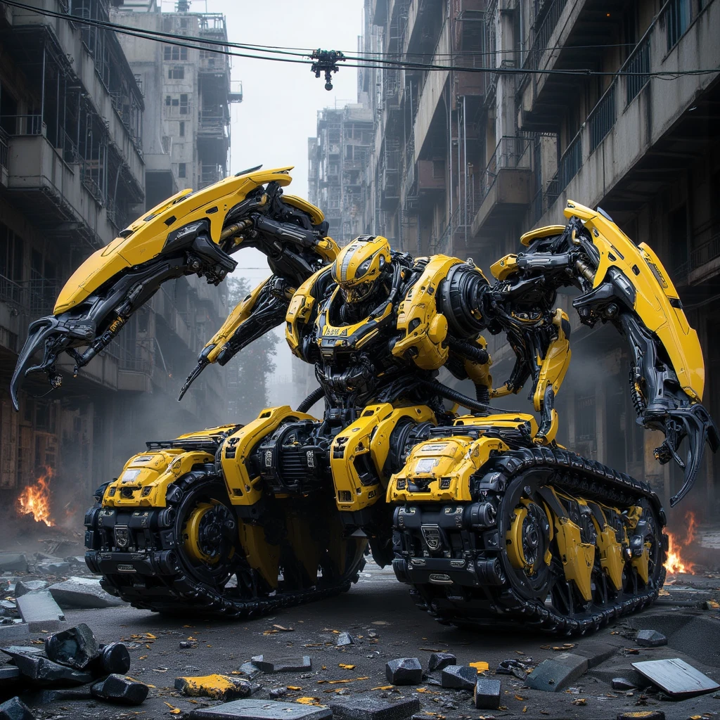 A sexy female transformer robot, yellow bulldozer, striking seductive poses on work site, detailed intricate machinery, large breasts and butt, yellow paint scheme with purple highlights, pink lights, cinematic lighting, photorealistic, highly detailed, 8k, studio quality