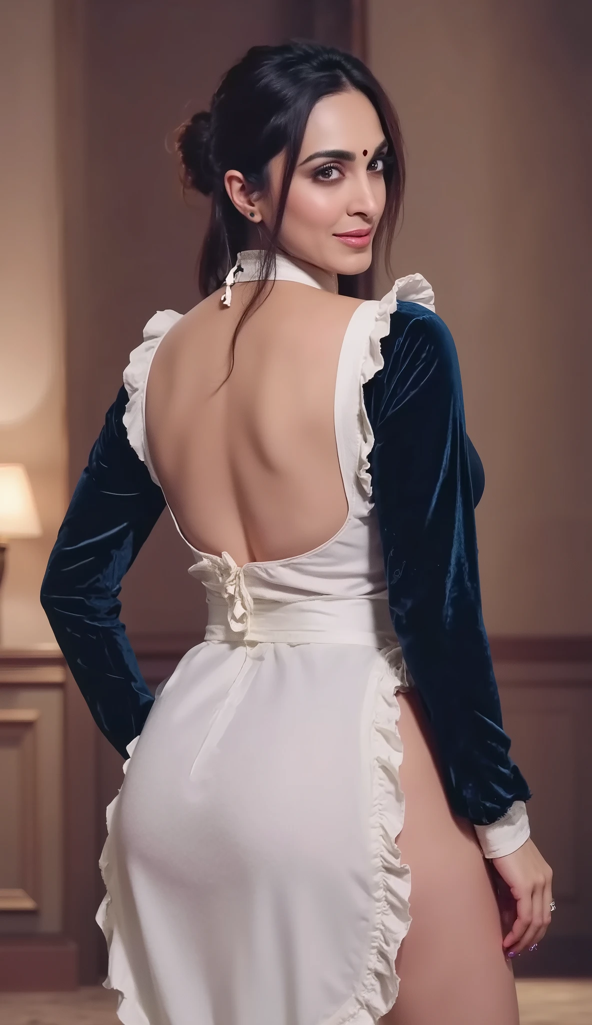 ((realism)),((hypерrealism)), (( realistic texture )), ((live photo)), 8 thousand., Sexy girl in maid costume. Standing with open mouth, in a palace, seductive expressions, hands behind back, view from side, side view, Kiara, Kiara Advani, asthetics, maid, Maid wearing SexyMaidCostume, perfect figure, perfect anatomy, moaning with opening mouth, sharp focus, sharp details