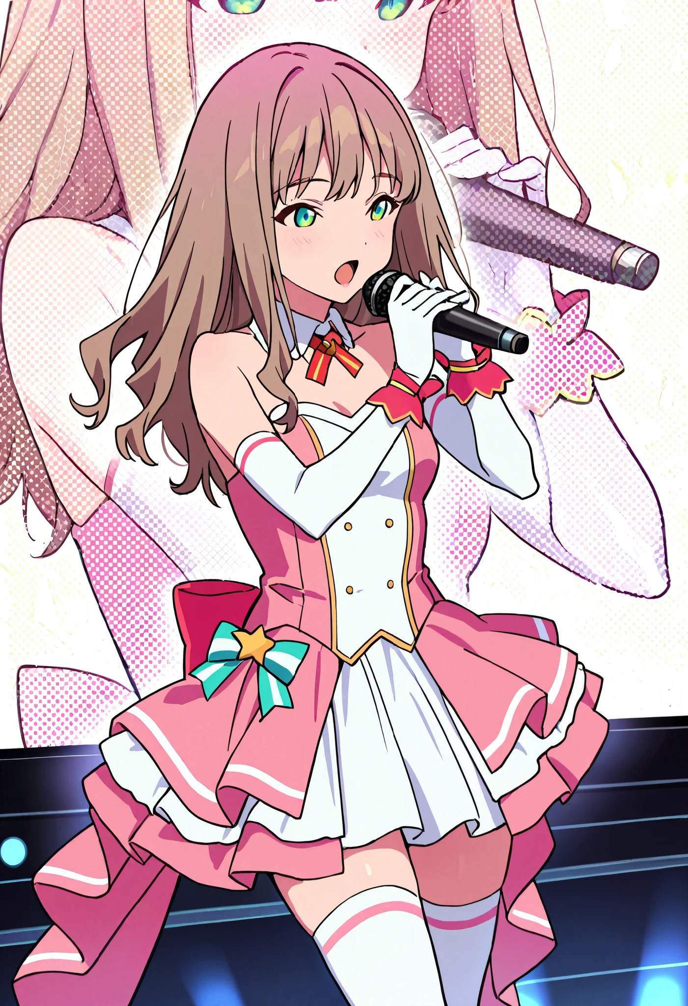 Score_9, score_8_up, score_7_up, source_anime, 1girl, yume minami_1, brown hair, long hair, green eyes, small breasts, (best quality), (high quality), {masterpiece}, extremely delicate and beautiful, ultra-detailed, beautiful detailed eyes, idol, idol costume, pink dress, white elbow gloves, white thighhighs, holding microphone, on stage, screen, multi colored light, dynamic pose, singing, pink lips, open mouth