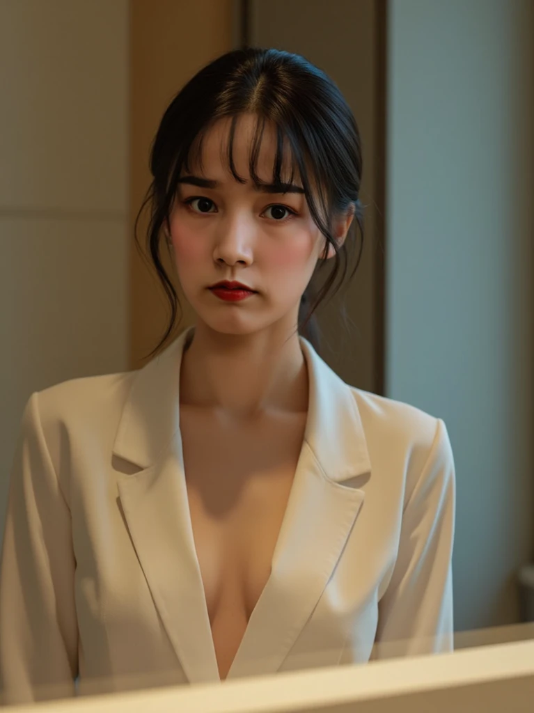 (masterpiece:1.2), realistic, photo of 18 y.o girl in a loose shirt(unbuttoned shirt), half nude, best quality, big breasts, Bare Shoulders, cleavage, nsfw, [[Hands hidden behind the back]], earrings, Complete shirts, black choker, solo, [sfw],