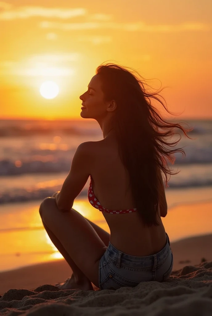 hyperrealistic image of a person sitting on the sand, watching the sunset, wearing an orange bikini