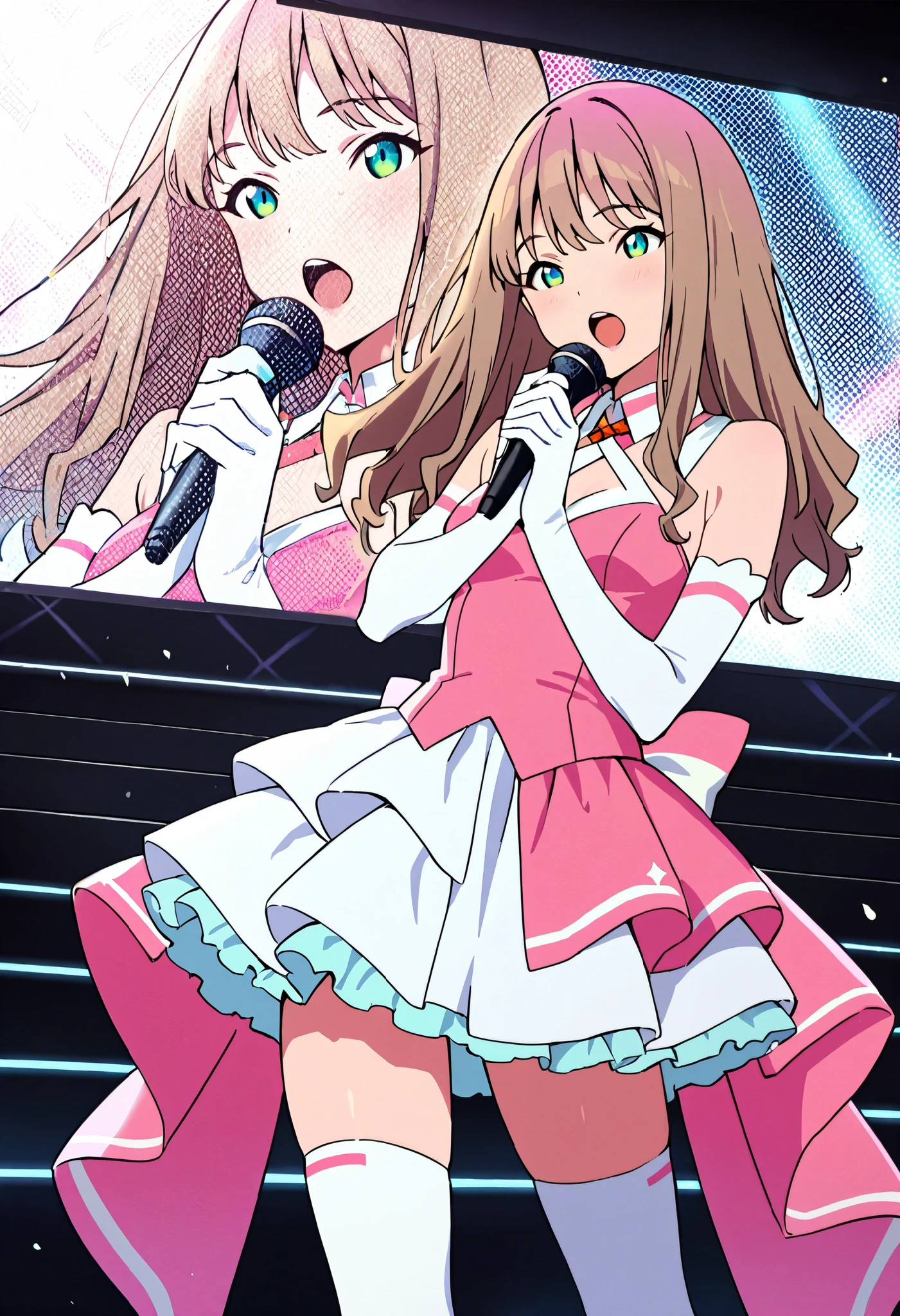 Score_9, score_8_up, score_7_up, source_anime, 1girl, yume minami_1, brown hair, long hair, green eyes, small breasts, (best quality), (high quality), {masterpiece}, extremely delicate and beautiful, ultra-detailed, beautiful detailed eyes, idol, idol costume, pink dress, white elbow gloves, white thighhighs, holding microphone, on stage, screen, multi colored light, dynamic pose, singing, pink lips, open mouth