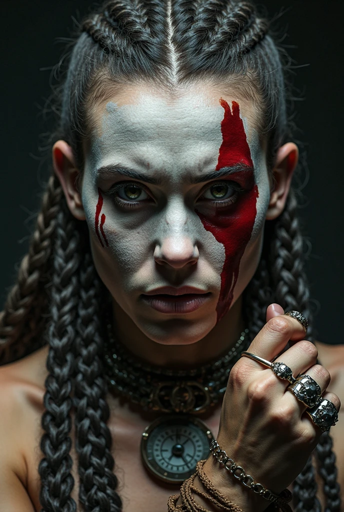cinematic film hara-kiri seppuku bushido realistic illuminat still dramatic side lighting, dramatic intense stare closeup portrait, dark black background, hdr, dramatic beautiful warrior woman with warrior face paintings and blood, viking braids, blue eyes, pelt, skull necklace, shallow depth of field, vignette, highly detailed, high budget Hollywood film, cinemascope, moody, epic, gorgeous