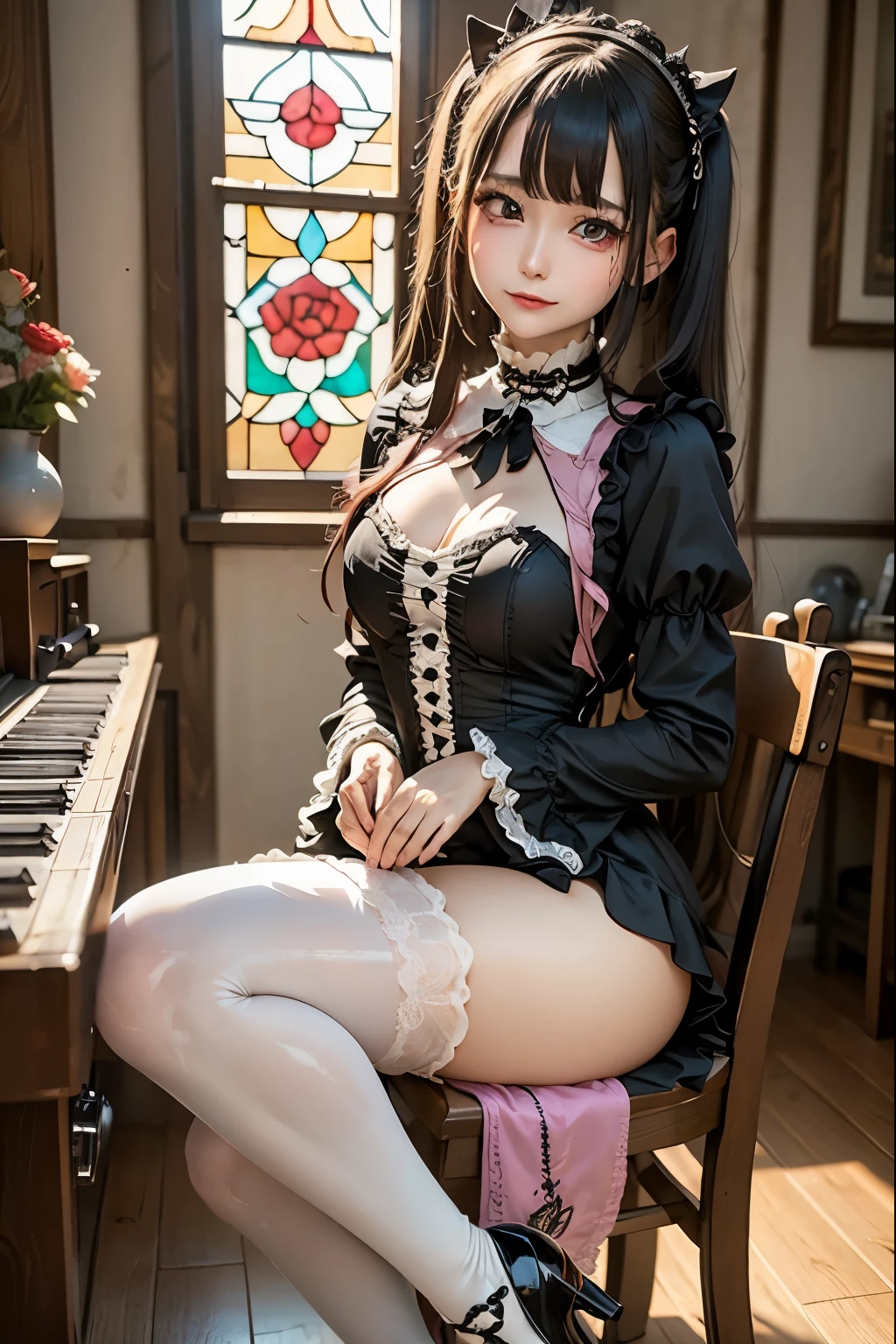 Hard Dark Gothic Makeup、Deep Night Sky、Horror、Black dark eyeshadow、sad、Good skin radiance、Dark Gothicメイク、Dark smile、palace、24-years-old、Embarrassed look、Dark Gothic、Obscene language、highest quality、Drunk face、紫のMaid clothes、Mysterious、Noble、sexy、Loving smile、Right blue eye, Left eye is red、Platform Heel Shoes、Heavy makeup、Gothic Lolita Clothing、Silver Hair、Long Hair Straight Hair、Cute Gothic Lolita Dress、Beautiful Face、elegant features、Fascinating face、Stained glass is the background、Chest glistening with sweat、The room is dark、gothic long dress、Bell Sleeves、Wizard Sleeve、Decadent look、Sexually excited expression、Glossy thighs wet with water、Thighs that are wet and shiny with oil、Background of a room full of roses、The embroidery is pink、The dress has pink embroidery、Thigh-high socks、Knee-high socks、Gentle expression、Dark black eyeshadow、Stained glass and rose background、Female Duo、Female couple、dark church background、Stained glass、Black metal world、Dark Castle、Slender body、gothic long dress、Maid clothes、Victorian dresses、Her thighs glisten with sweat、My body is wet and shiny、Lots of glitter on the thighs、My thighs are sticky from sweating、Sweat glistens on the thighs, The whole body is sweaty and shiny、Quite sweaty、My thighs are sweaty、My thighs are so wet、My thighs are shining with sweat、A lot of sweat glistens all over the body、Small breasts、Orchestra StageStage、Dynamic Angle、sitting on a gothic chair、Play the violin gracefully、With a violin、Press the violin strings、violinist、orchestra performance、Thin thighs、slender、Violin body and strings、Sit on a chair、pantyhose、