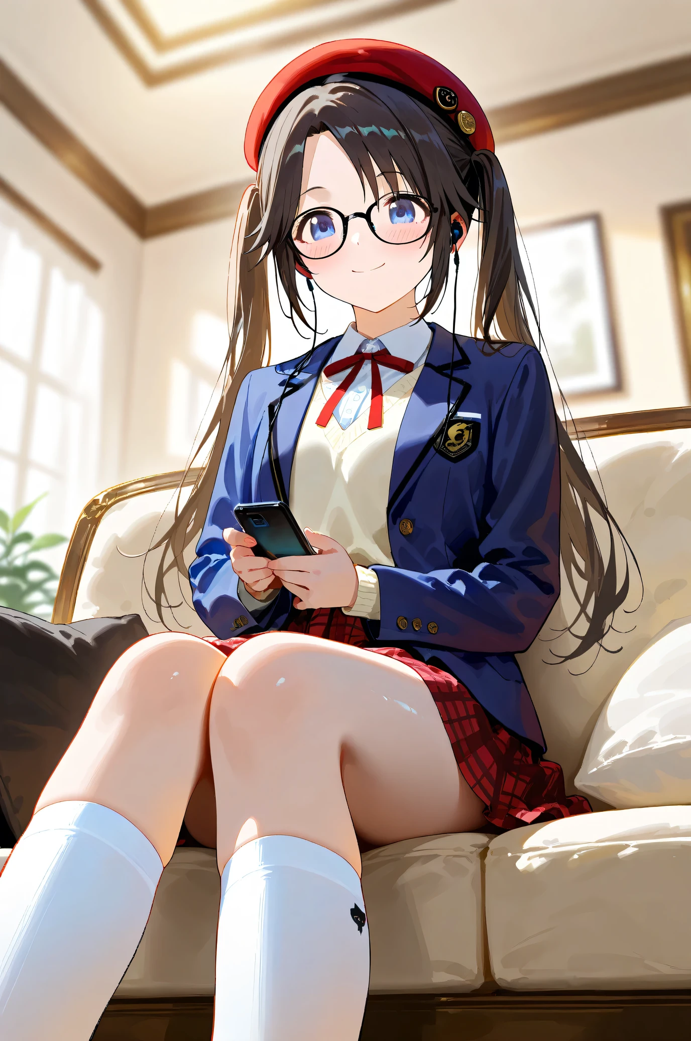 (Masterpiece), (Highest quality), (Very detailed),
(The best shape), (Best shadow), (Absurd),
(Detailed Background), (So beautiful), Shiny,
Beautiful eyes in every detail, Extraordinary, Countershading, 8k, 32K, High resolution,
Very Detailed CG, UHD,
Score_9, Score_8_up, Score_7_up, Source_anime,
(Pastel painting:1.2), (Watercolor painting:1.2),
(Masterpiece, Detailed:1.2), (Foreshortening:1.2),
Cinematic, Dramatic, (Depth of field:1.4),
(Blurry background:1.4), (Realistic background:1.4),
dynamic angle, from below,
1 girl, Solo,
lndoor, Living room, Sofa, Light brown sofa, Cushion,
Mitsumine Yuika,
the idolmaster shiny colors,
yuikamitsumine, 1girl, Solo, Black hair, Long hair, Twintails, High twintails, Blue eyes,
Casual wear,
Beret, Red beret, Glasses, Black framed glasses,
Blazer, Open blazer, Long sleeves blazer, (Indigo blazer:1.2),
Cardigan, Red ribbon,
Skirt, Mini skirt, Red skirt, Checkered Skirt,
Knee-high socks, White socks,
(Blush:1.3),
Upper body, Portrait, Close up shot, Out of frame,
Happy, Smile,
(Earphones:1.2), Holding a music player,
Sitting on the sofa,
Focus on face,
Realistic skin,
Shiny skin,