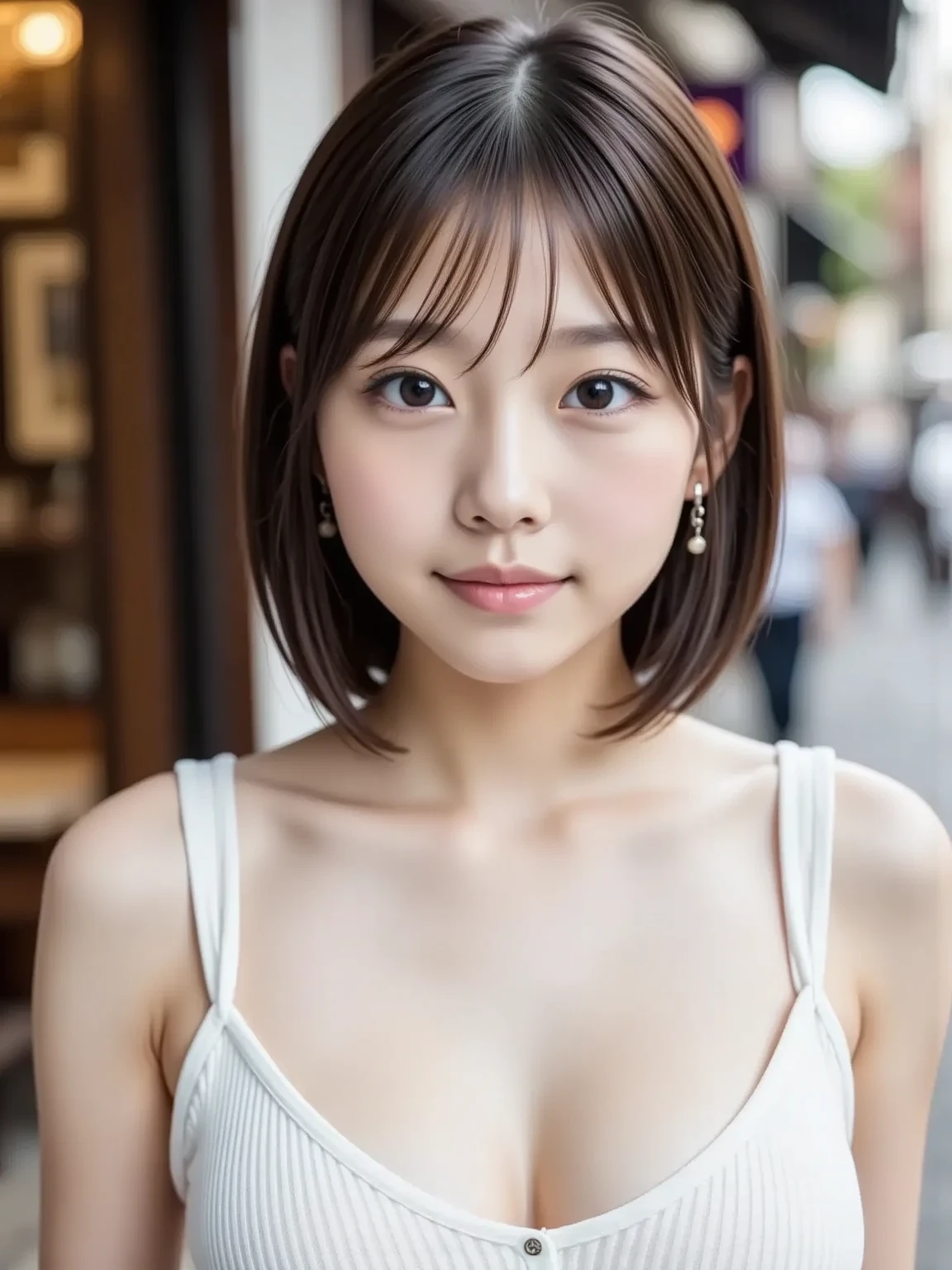 The background is a rainy city Beautiful Face 4K Small Curvy Loli The face is very detailed Small breasts chemise sex appeal short hair Cleavage