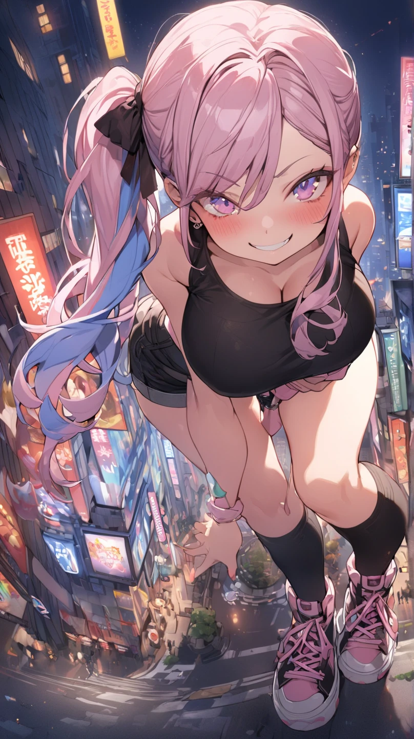 A white girl, pink hair in a ponytail, blue eyes, pink sports bra, no pants, no underwear, and pink converse sneakers, masturbating on the roof of a house.