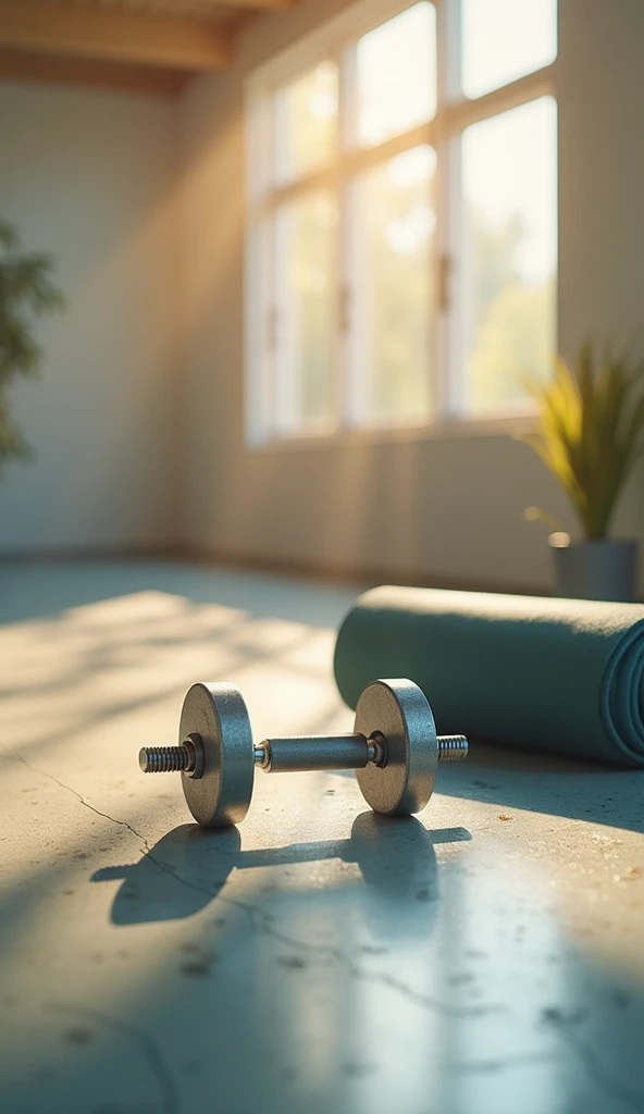 Background in gym room wooden floor warm background with dumbbells on one side of the image