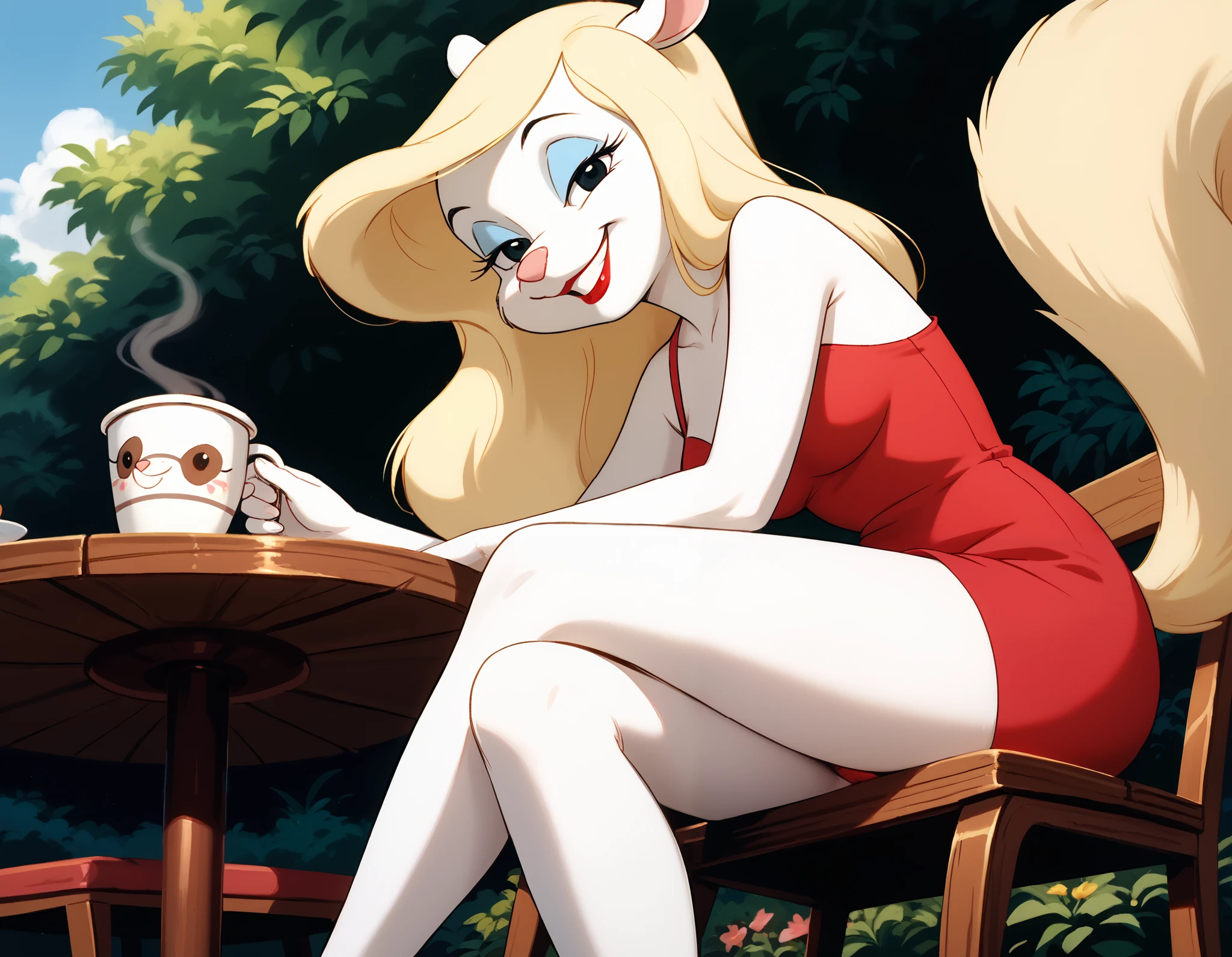 masterpiece,best quality, highly detailed, score_9, score_8_up, score_7_up, score_6_up,BREAK minerva mink, 1girl, white fur, blonde hair, viewed from below, fluffy blonde tail, solo, black eyes, looking at viewer, long hair, (short red dress), (red panties), (panties showing), thigh, half closed eyes, makeup, lipstick, medium breasts, outdoors, cafe terrace, grin, happy, sitting, holding a cup of coffee, tiny toons adventure artstyle