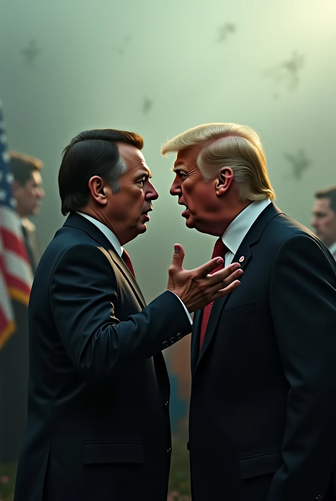 Trump and Putin are seated at a table wearing swimsuits while they hold their hands in a lovely and caring way and kiss their lips while exchanging tender looks. In the background, in a painting hanging on a black wall, Hitler and Stalin, dressed in their military uniforms applause enthusiastically.