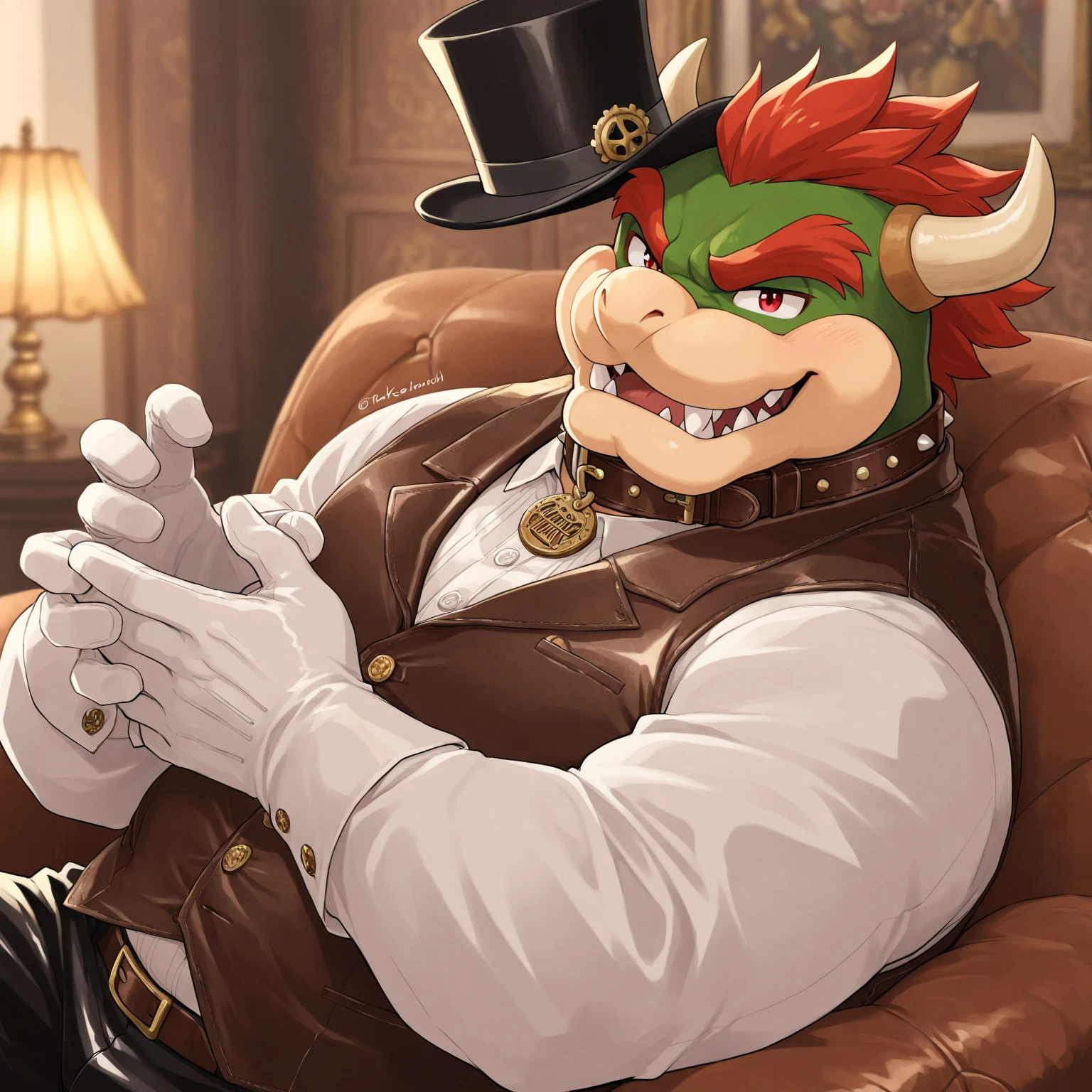 (score_9, score_8_up), score_7_up, score_6_up, score_5_up, score_4_up, rating_explicit, 1boy, solo, Bowser, in a white suit, in throne room, night time, cinematic composition, action, huge bulge, sexy tease, variations, variations result,