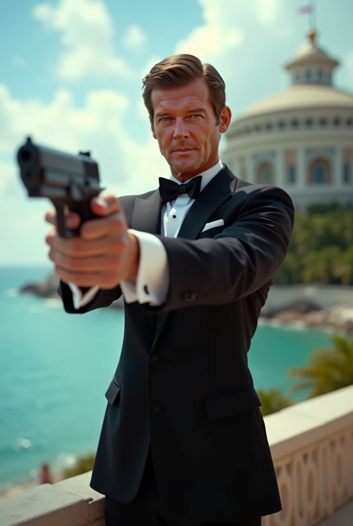 masterpiece, best quality, 1man, male focus, solo, solo focus, hispanic, perfect hands, holding pistol with one hand, (beretta 92fs), brown hair, hazel eyes, tuxedo, black tuxedo, danger atmosphere, mansion backdrop, combed back hair, white shirt, black pants, dress shoes, matching shoes. outdoors, looking away.