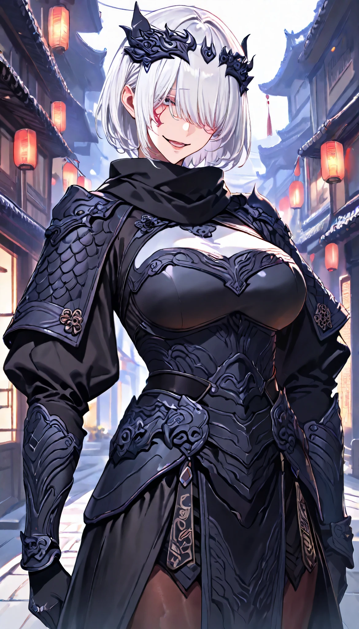 SOLO, A amber eyes Female,Perfect body,Oppai, (Chinese short hair,White hair,hair over eyes),Black scarf, Wearing A Black and Grey Chinese Tight Armor(Wolf's head decoration), On the street,Chinese Classic town, torogao, Evil smile,UHD, anatomically correct, masterpiece, textured skin, high details, highres, 1080P, 16k, accurate, Beautiful face, Perfect face, Highly detailed beautiful face and eyes, Attractive face, Detailed face, Delicate facial features, Detailed skin,Cowboy shot,Look at the viewer,(((hbig bosom)))