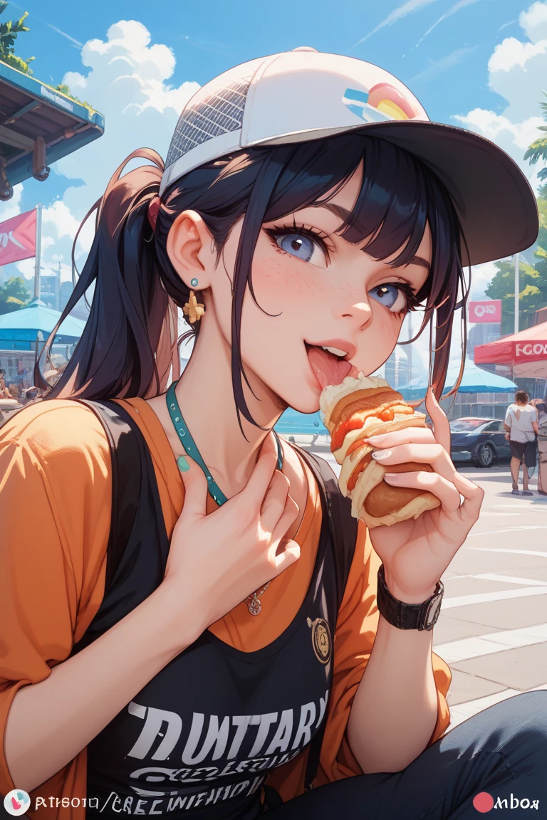 Anime character with a banana in his mouth, eating ice - cream, In an anime style, marin kitagawa fanart, by Naka Bokunen, In anime style, In a Japanese anime style, banana color, she is eating a peach, colored sketch, made with anime painter studio, high quality colored sketch, Eating ice cream, banana in, Ecchi anime style