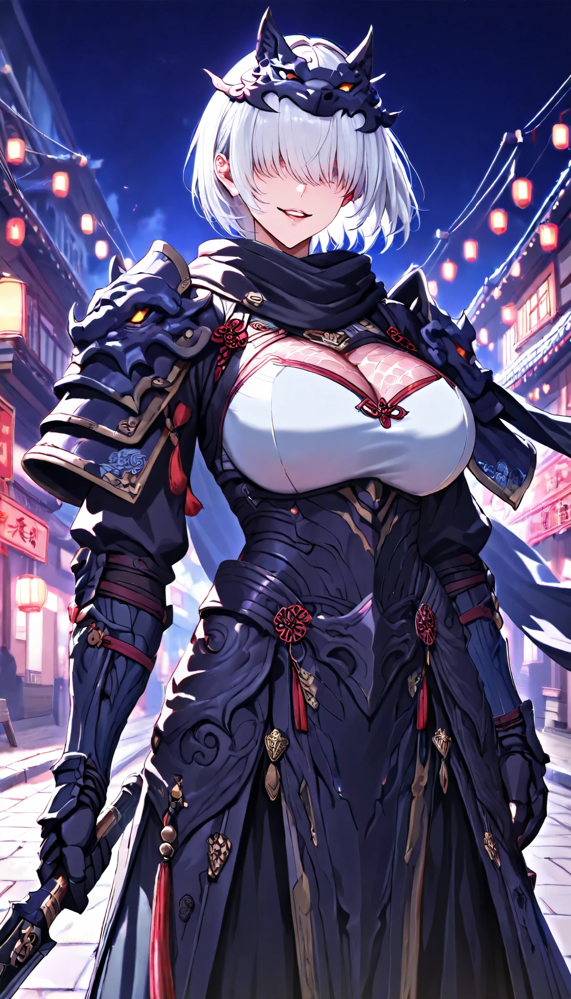 SOLO, A amber eyes Female,Perfect body,Huge Oppai, (Chinese short hair,White hair,hair over eyes),Black scarf, Wearing A Black and Grey Chinese Tight Wolf Armor(Wolf's head decoration),(Armored Blade), On the street,Chinese Classic town, torogao, Evil smile,UHD, anatomically correct, masterpiece, textured skin, high details, highres, 1080P, 16k, accurate, Beautiful face, Perfect face, Highly detailed beautiful face and eyes, Attractive face, Detailed face, Delicate facial features, Detailed skin,Cowboy shot,Look at the viewer,(((hbig bosom)))