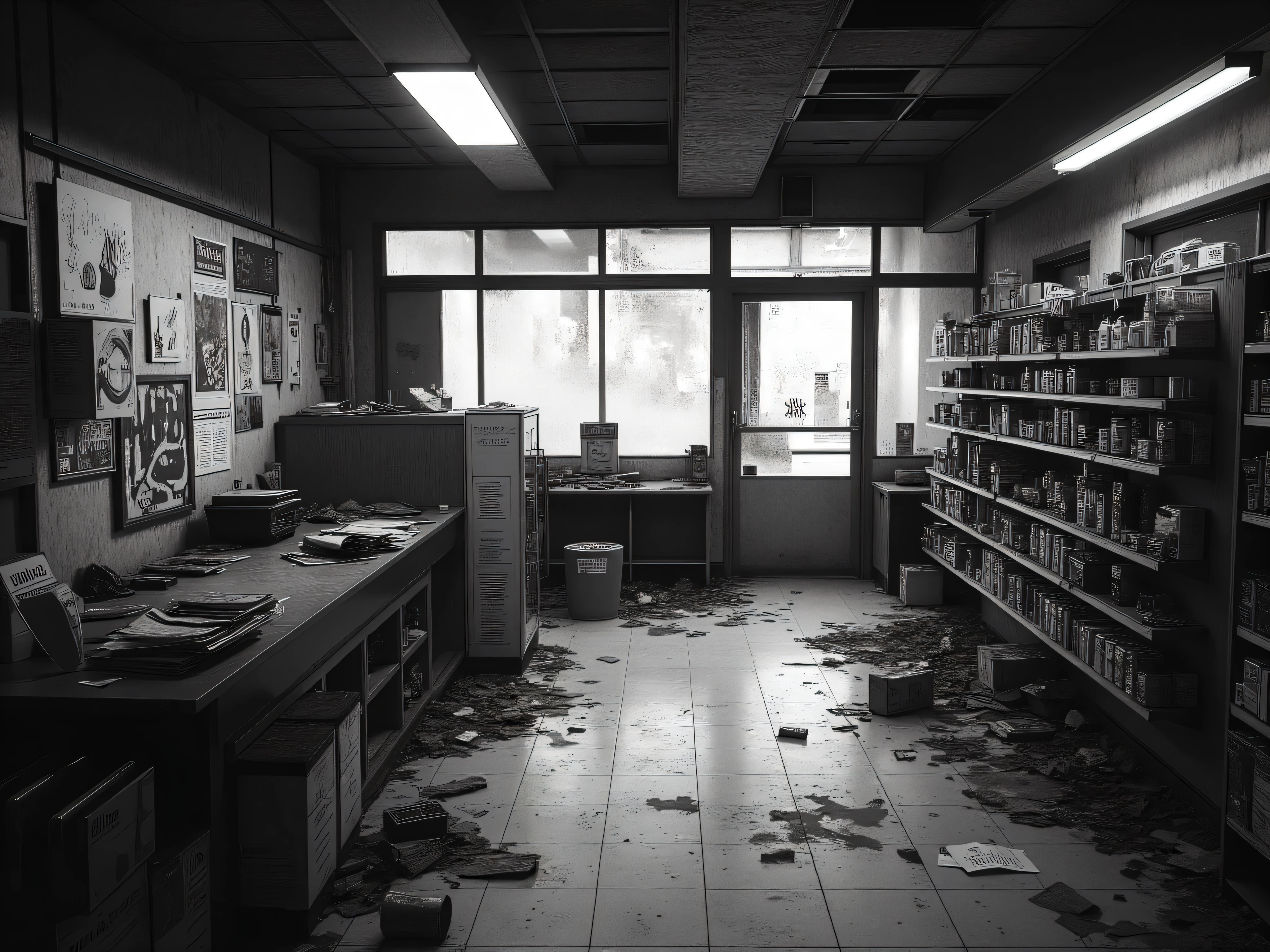 interior of an abandoned convenience store, in monochrome and low quality cctv footage