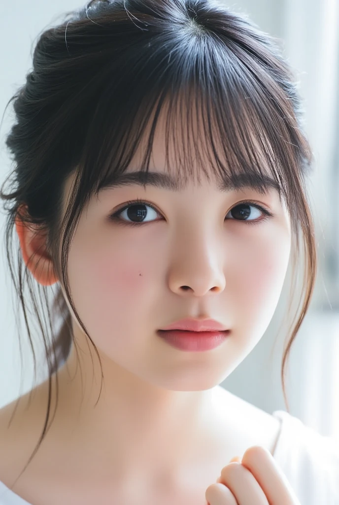 masterpiece, Highest quality, 8K, Absurd, (Upper Body:1.4), White shirt, beautiful girl, Pretty face, View your viewers, smile, Ultra-realistic, High resolution, photograph, Film Grain, chromatic aberration, Sharp focus, High resolution, Face Light, Dynamic Lighting, Cinema Lighting, Professional Shadow, Simple Background, (Light Pink Background:1.4), Most detailed, Very detailed, Super detailed, In detail, Real Skin, Delicate facial features, Detailed face and eyes, Sharp pupils, Realistic students, (Korean, Japanese, Chinese:0.3)