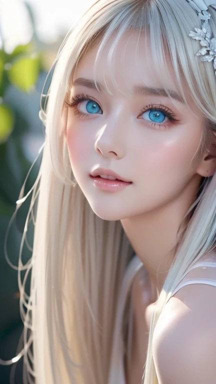 Incredibly bright, white, glossy, beautiful skin、Blonde hair color that changes with reflected light、Bangs between the eyes blocking the view、Glossy highlight on cheeks、sexy, very beautiful, lovely, cute, gorgeous face、The most beautiful face in the world、A beautiful girl、Super long blonde hair、smooth, straight hair、Big Breasts, Sparkling bright sky blue eyes、Beautiful bangs、Her beautiful, cute